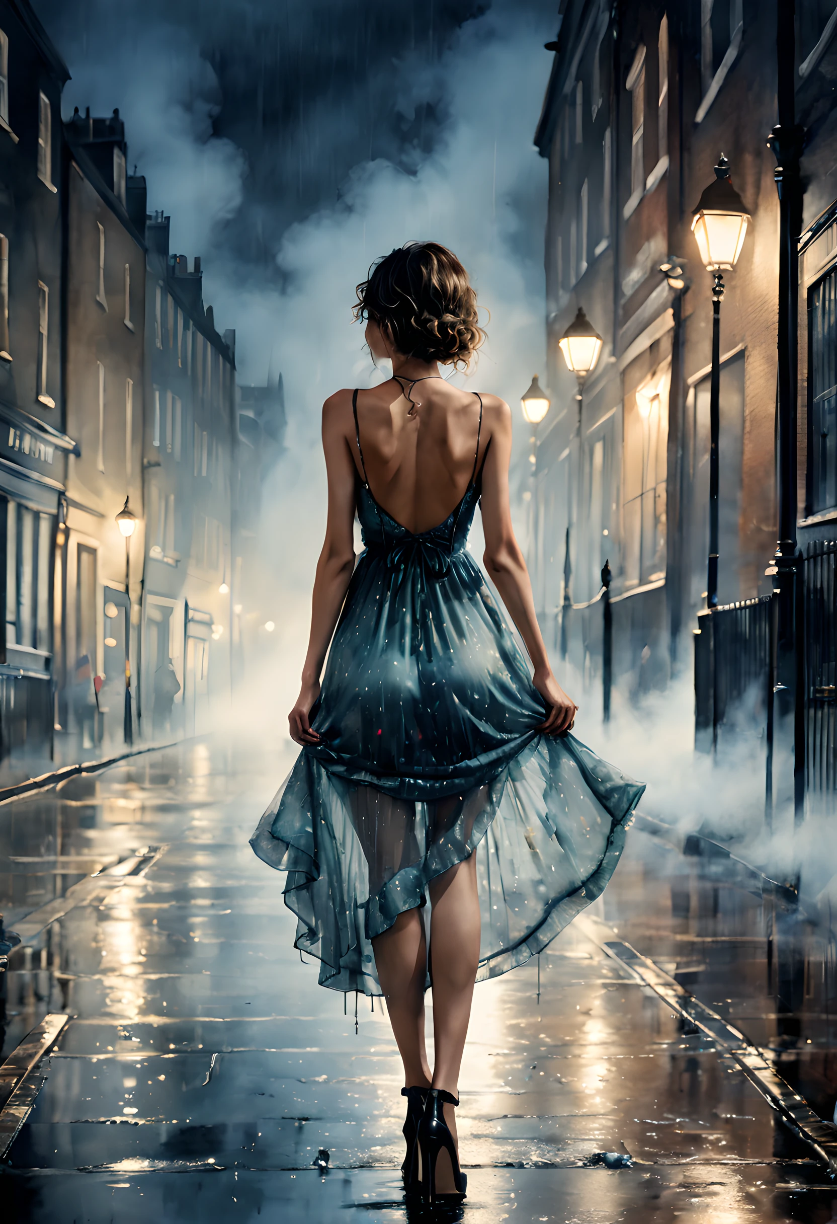 (rainy night:1.5), (ink and watercolor painting:1.5), (Tasteful:1.5), (ink and watercolor painting:1.5), (full color:1.5), 8k, 4k, (magic:1.5), (dripping paint;1.5), (night London street:1.5), (1900s:1.5), (1girl:1.3), solo, (wearing a dress:1.5), (slender:1.5), (model), (brazilian super model:1.5), (back shot:1.5), (full body:1.5), (beautiful city lighting:1.5), (light reflection:1.3), (steam:1.5), (fog:1.5), (mist:1.5), (humid:1.5), (smog:1.5), (heavy rain:1.5),