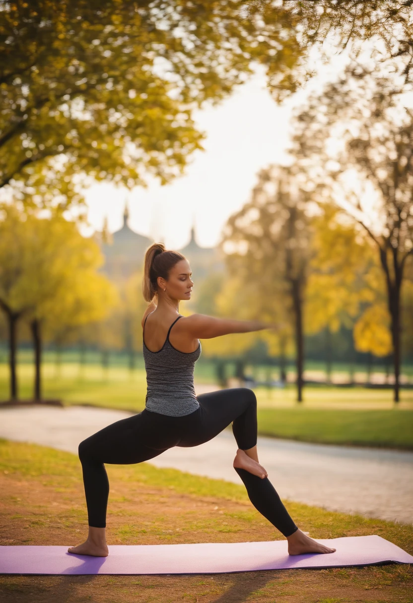 Woman in leggings doing yoga poses, park in background, with a park in the background, 8K