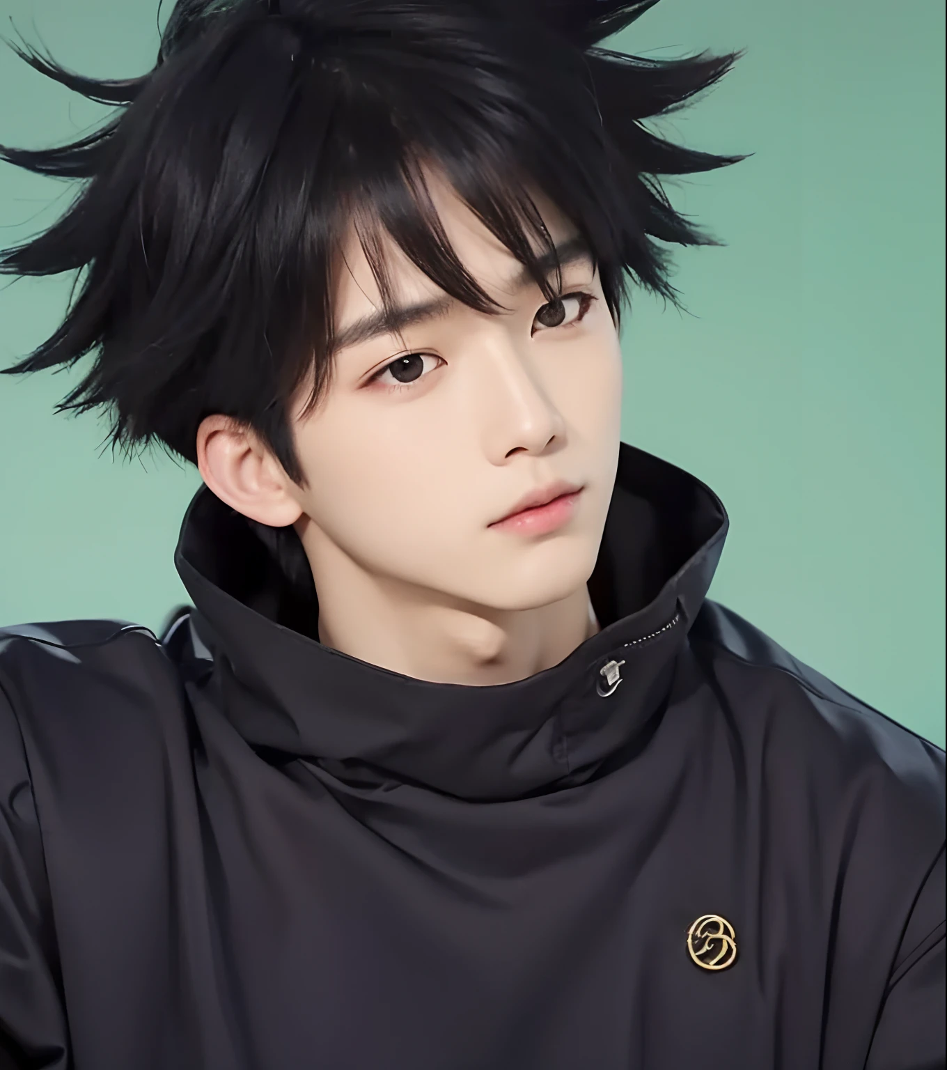 A boy with realistic black hair, exactly the same hairstyle, realistic Korean handsome face, realistic cool expression, exactly the same expression, realistic sharp eyes,Adapt exact clothing, realistic light, realistic shadows, realistic background