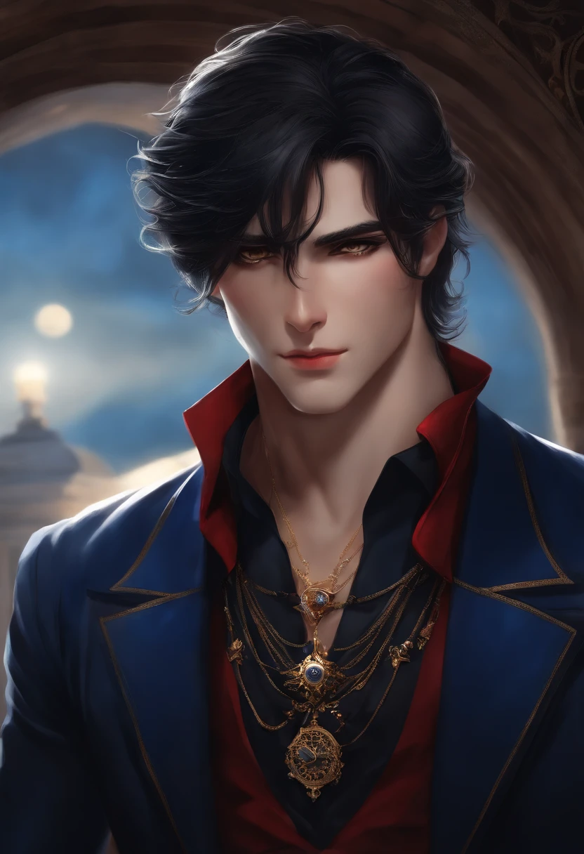 Personaje masculino de anime, ojos rojos, cabello negro, Pendientes largos de punta de reloj de arena azul, azul, Ropa de tonos rojos y negros, masculino