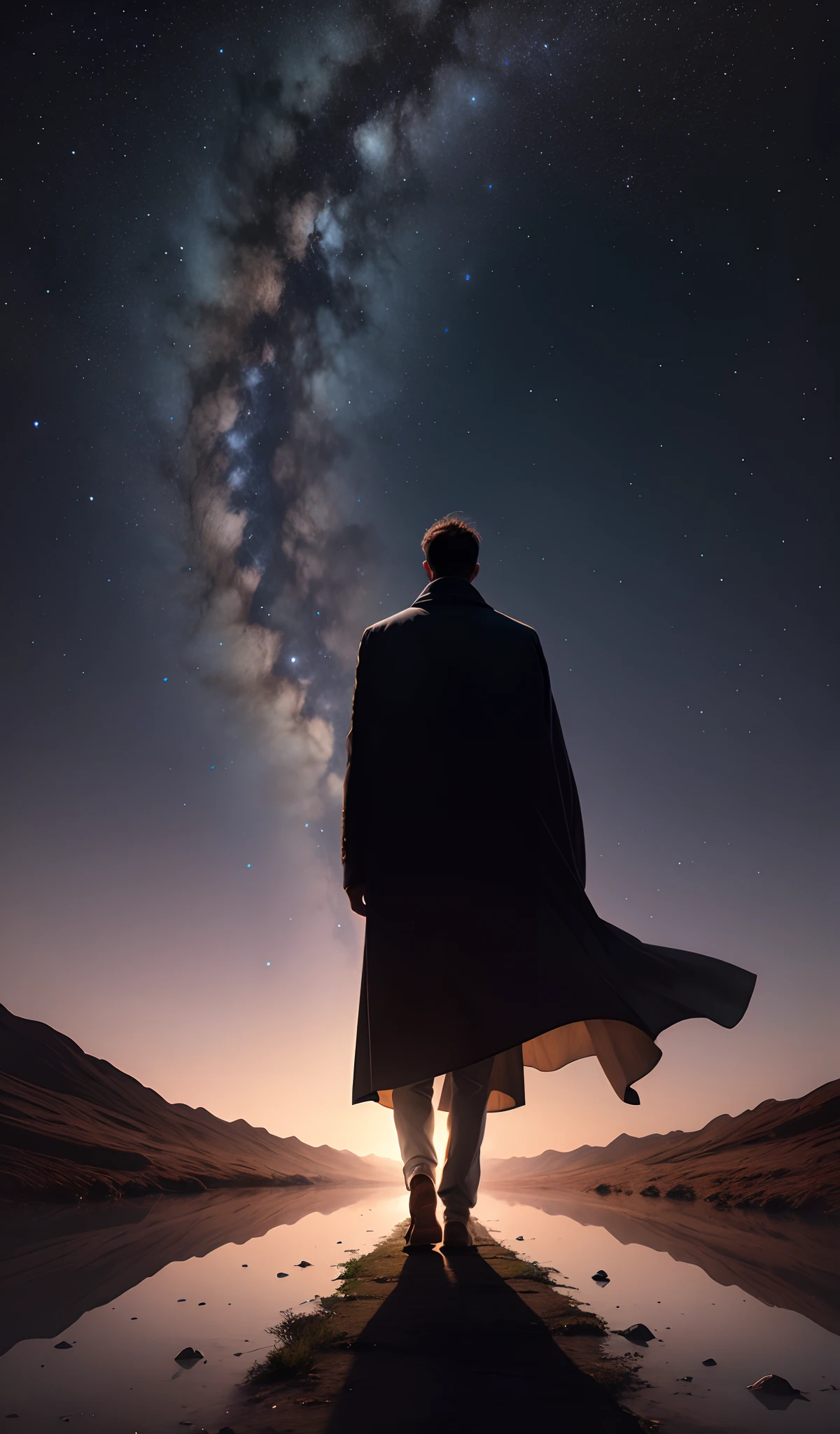 The stars shine brightly in the night sky,On the earth, a man stands on the horizon and leaves only his back