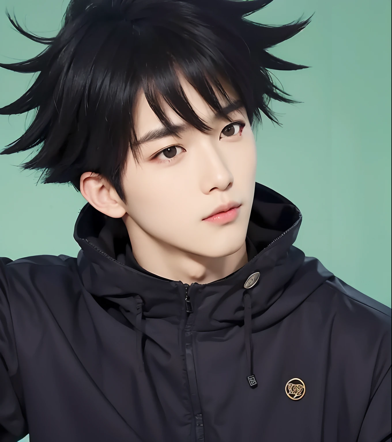 A boy with realistic black hair, exactly the same hairstyle, realistic Korean handsome face, realistic cool expression, exactly the same expression, realistic sharp eyes,Adapt exact clothing, realistic light, realistic shadows, realistic background,The direction the eyes look is exactly the same