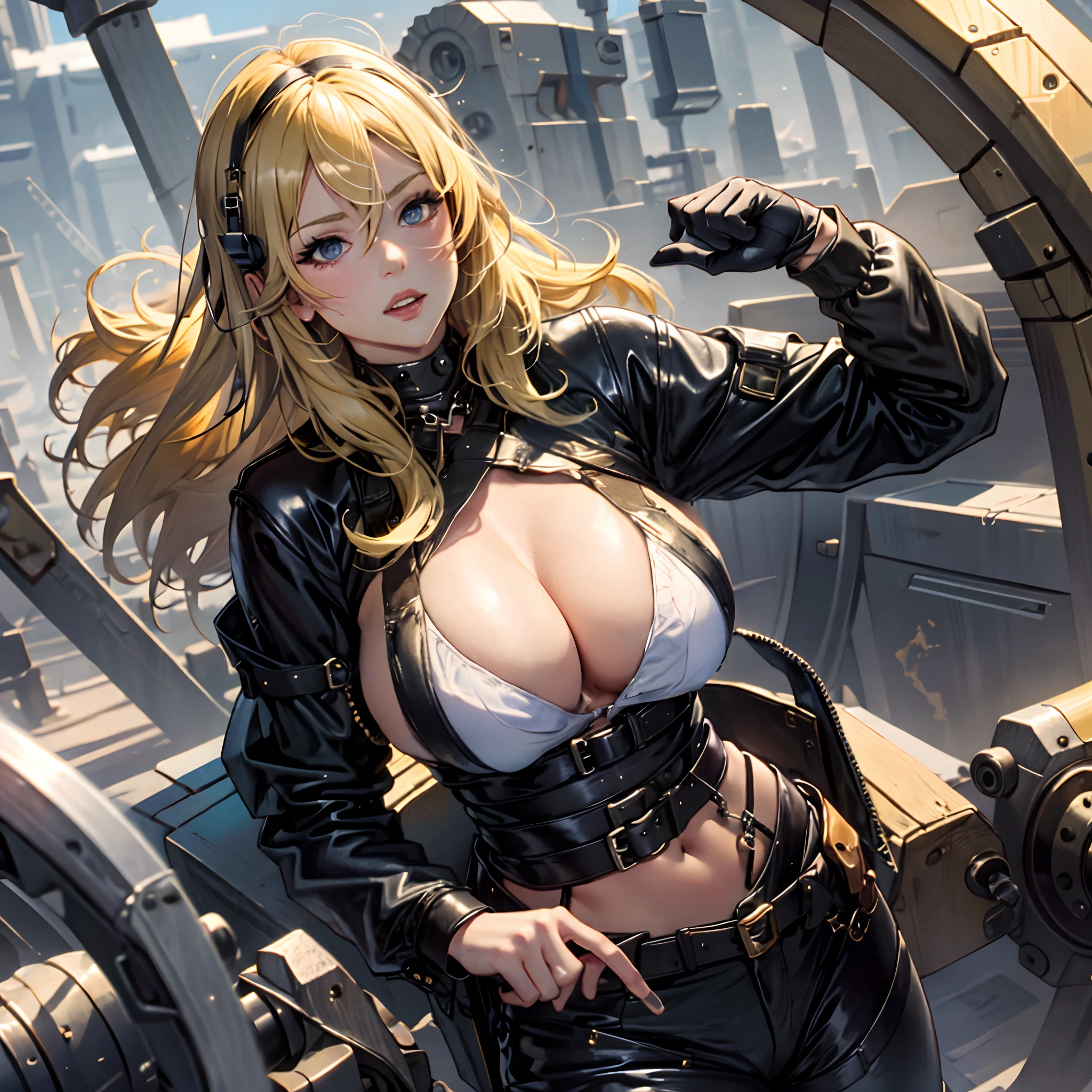 blond haired woman in black leather outfit posing in a futuristic setting, by Masamune Shirow, inspired by Masamune Shirow, style of masamune shirow, cushart krenz key art feminine, extremely detailed artgerm, ig model | artgerm, mechanized valkyrie girl, artgerm. anime illustration, seductive anime girl, large breasts, beautiful,