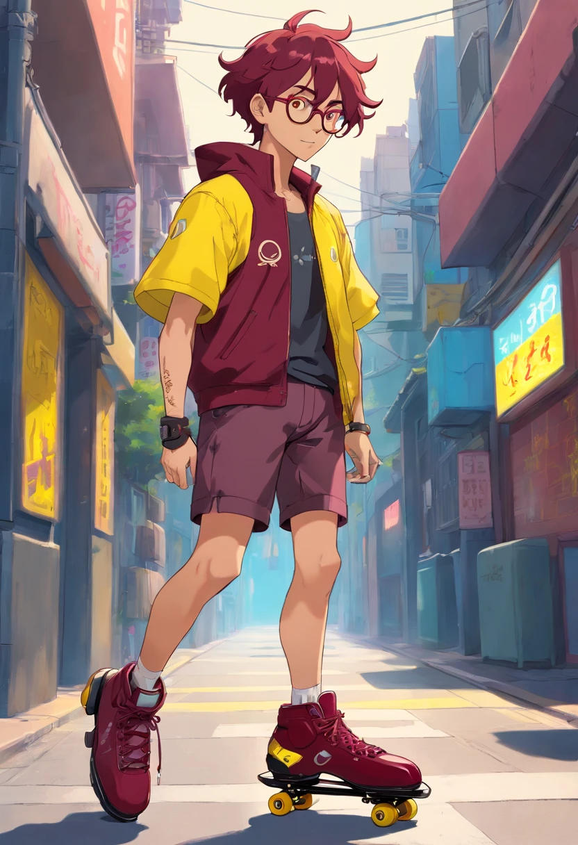 Tall man with tanned skin. Wine red wavy hair with an undercut. Lemon yellow eyes, and wearing aviator glasses. Cyberpunk outfit style and wearing cool roller skates .