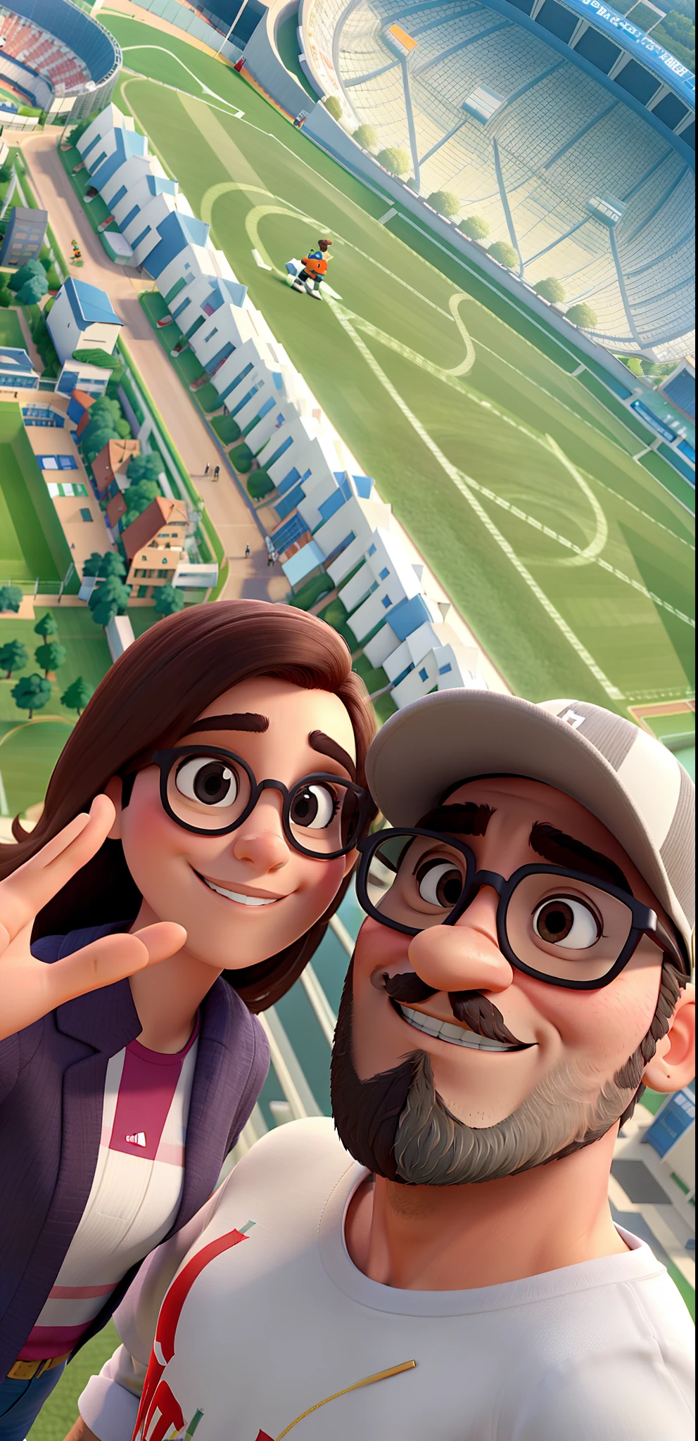 Homem de barba e oculos escuros com sua esposa no estadio de futebol estilo pixar, alta qualidade, melhor qualidade
