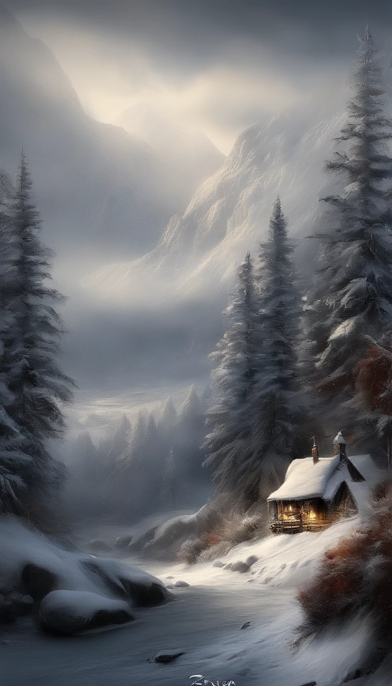(light and shadow effect),(vivd colour),(Color splattering),(Obvious layers),(Ink painting style:1.2),(Photography Award),(8k wallpaper),(Masterpiece),(best qualtiy),(Heavy snowfall),(snow landscape),Winter tones,There was a wind blowing,(Side lighting ),(cinema4d),(Movie lighting),(Depth of field effect),(Unreal 5),(tmasterpiece),(8K分辨率),photorealestic,realisticlying,A small mountain village in the distance