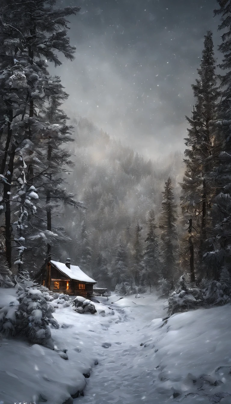 (light and shadow effect),(vivd colour),(Color splattering),(Obvious layers),(Ink painting style:1.2),(Photography Award),(8k wallpaper),(Masterpiece),(best qualtiy),(Heavy snowfall),(snow landscape),Winter tones,There was a wind blowing,(Side lighting ),(cinema4d),(Movie lighting),(Depth of field effect),(Unreal 5),(tmasterpiece),(8K分辨率),photorealestic,realisticlying,A small mountain village in the distance