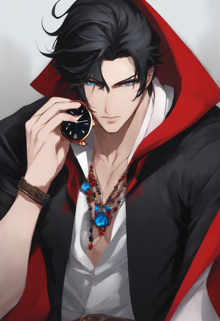 Personaje masculino de anime, ojos rojos, cabello negro, Pendientes largos de punta de reloj de arena azul, azul, Ropa de tonos rojos y negros, masculino , nayib bukele