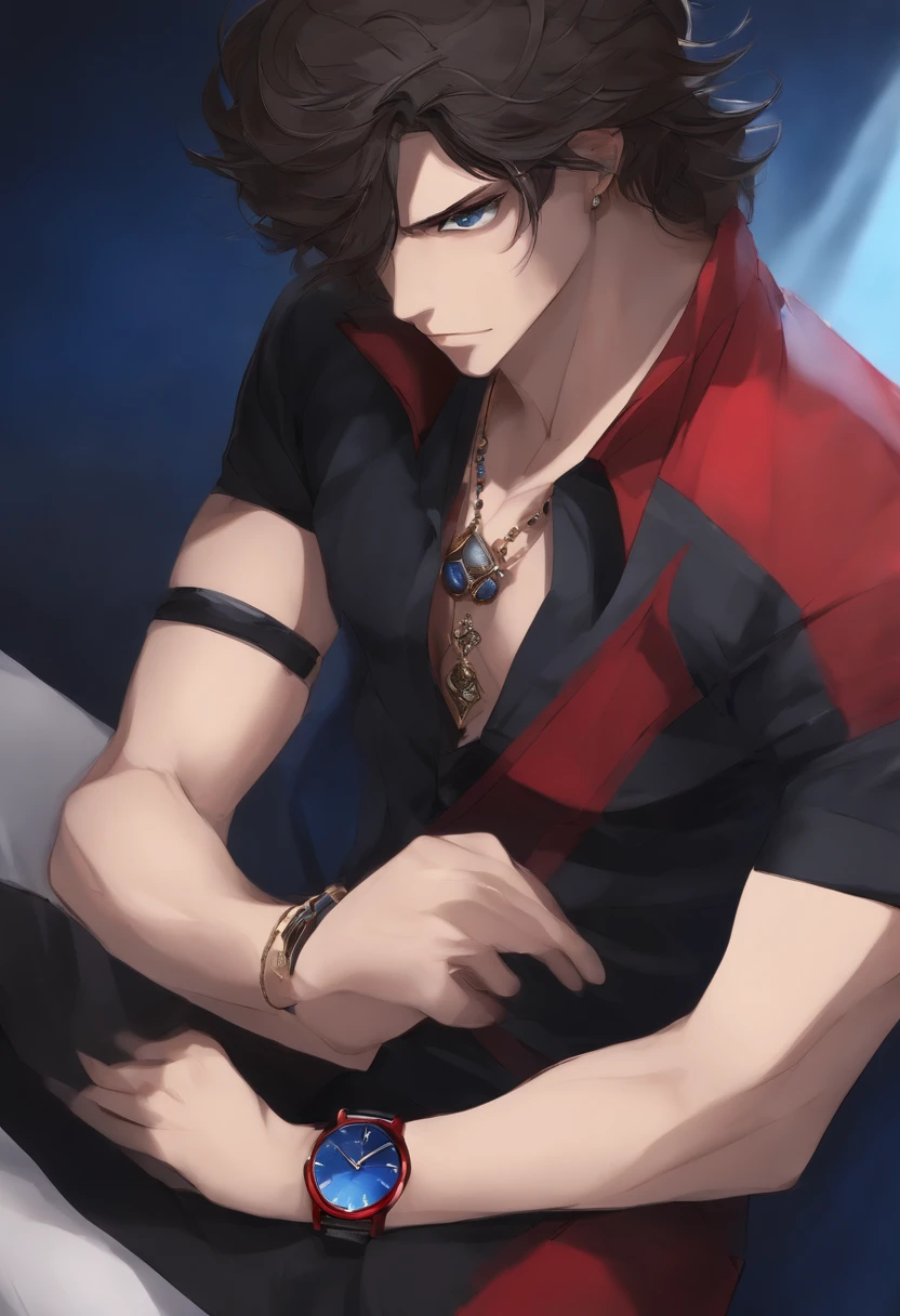 Personaje masculino de anime, ojos rojos, cabello negro, Pendientes largos de punta de reloj de arena azul, azul, Ropa de tonos rojos y negros, masculino , nayib bukele