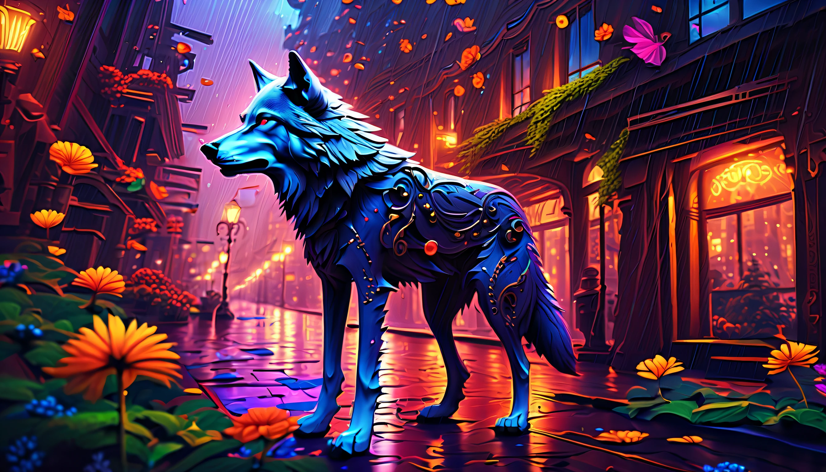 (((Rainy night of walk wolf:1.3))), in a dark surreal animation, nebulous shimmers with rich color hues, darkest fantasy-world of endless possibilities, beautiful image rendered as a digital artwork, showcases the sleek design of the flower, adorned with vibrant vines and delicate, blooming flowers, translucent coating, mesmerizing display of a lush landscape, floating cityscape buildings intricately, sunlight filters through, casts a warm glow, inviting glow, capturing awe and curiosity coating shadow, attention to detail and remarkable realism of this image immerses viewers, in the captivating realm of steampunk and dark fantasy technology, and its harmonious coexistence with nature,