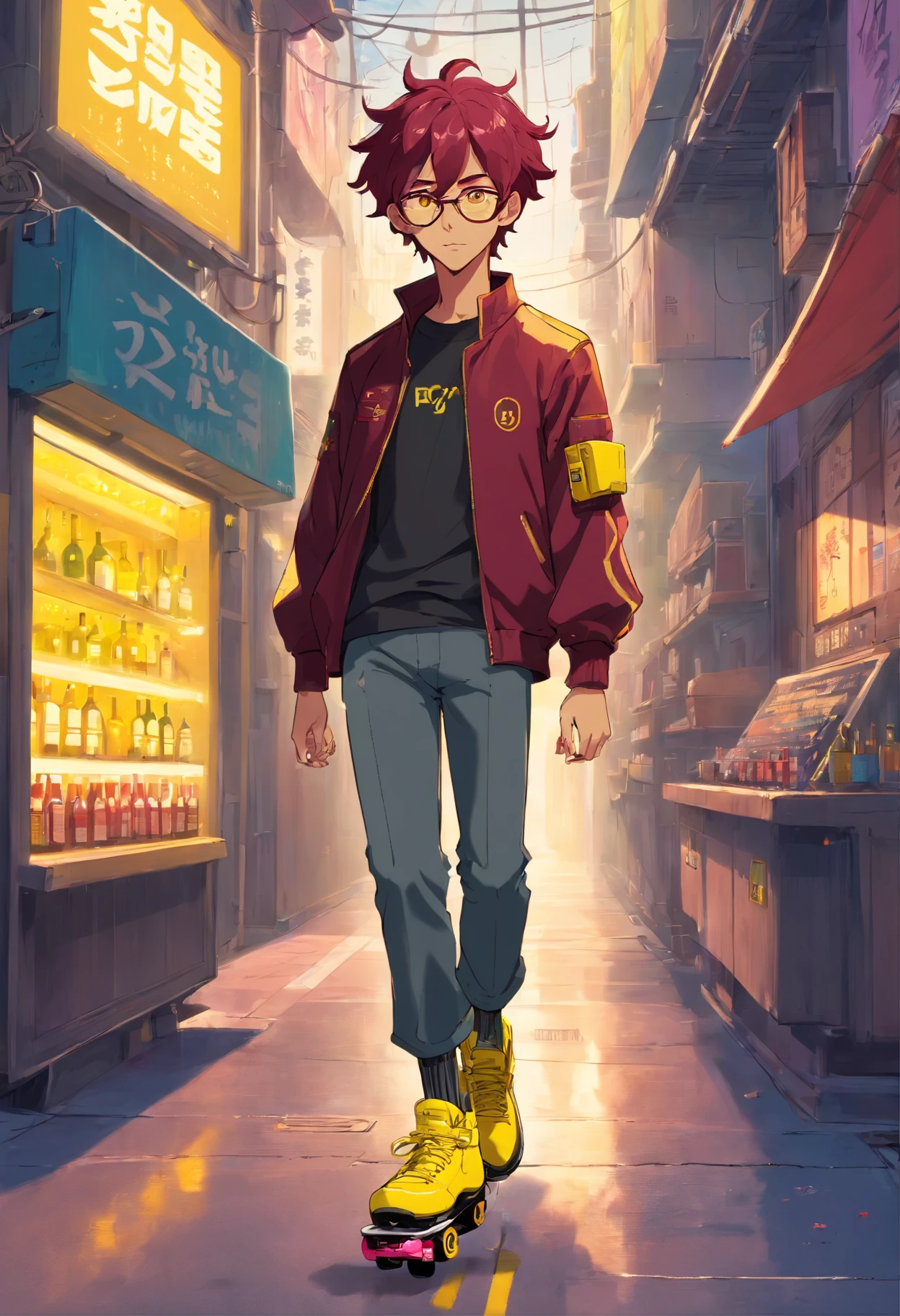 Tall man with tanned skin. Wine red wavy hair with an undercut. Lemon yellow eyes, and wearing aviator glasses. Cyberpunk outfit style and wearing cool roller skates .