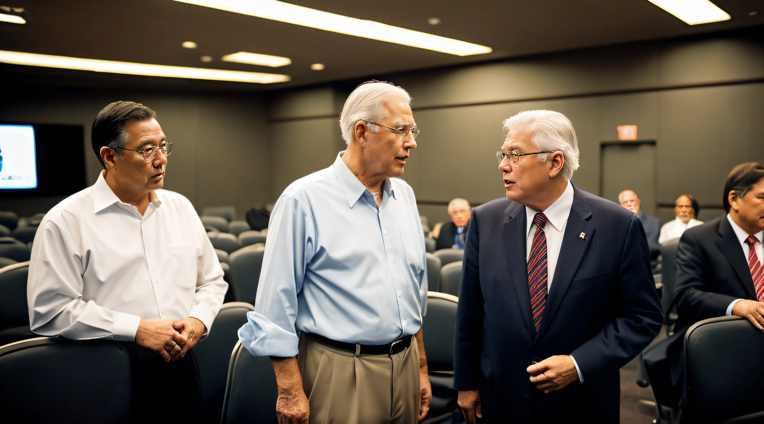 (((Americana)))、(((A old man)))、Jehovah's Witnesses、Governing body、Small Conference Room、Three fat old men talking、(white hair)、(a blond)、Suits、high-level image quality、high-detail