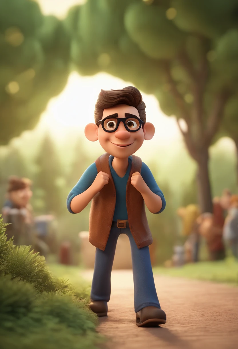 Cartoon character of a man wearing black glasses and a blue shirt, um personagem animado, Caractere estilizado, animation style rendering, 3D estilizado, Arnold Maya render, 3 d render stylized, toon render keyshot, Personagem 3D, Personagem 3D, 3d rendering stylized, 3 d character render, personagem de desenho animado, Personagem de close up, Pose de personagem, (Estilo Pixar) (master part:1.2) (Bokeh) (best quality) (pele detalhada) (textura detalhada) (8k) (argila) (Cinematic lighting) (foco nítido,Senta e vaza a parte superior do corpo
