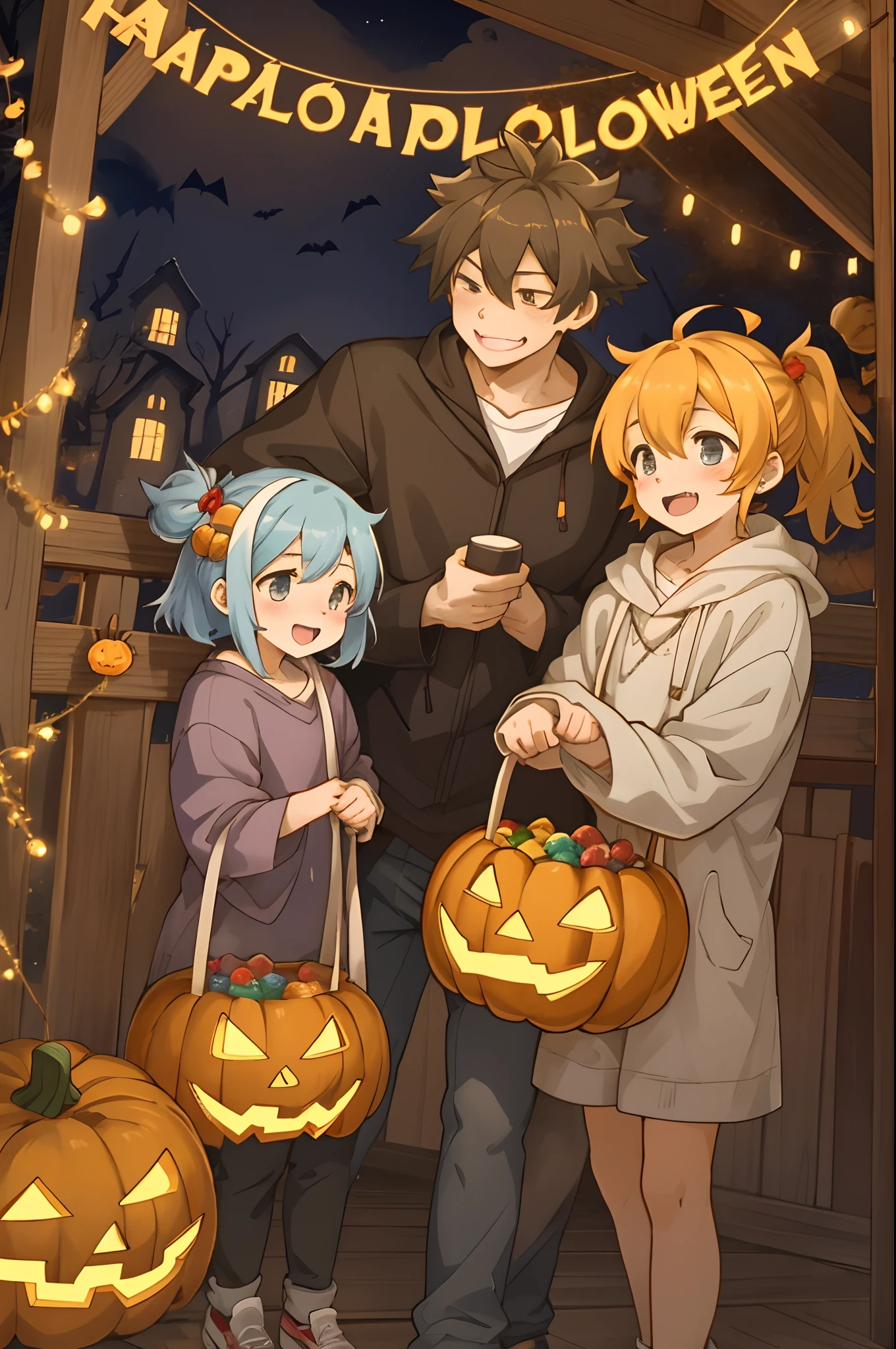Create a detailed, high-quality fan art cover for a doujinshi based on a slice-of-life anime series, featuring a close-knit family enjoying Halloween together. The scene should depict a festive and joyous atmosphere, with the family members laughing and surrounded by sweets, and the child holding a jack-o’-lantern. The parents are amiably giving out treats to the child. Capture the warmth and happiness of the family moment, with a focus on expressing the characters’ enjoyment of the holiday. The image should be in a vertical format, with vivid colors and a homely, welcoming vibe, suitable for a fan-created work that could be shared on platforms like Pixiv or Twitter,