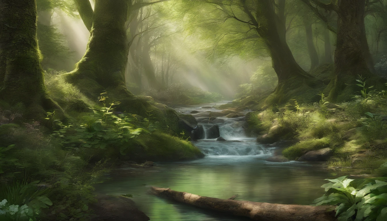 An ethereal forest in spring, soft light, green tinged lighting, gorgeous, has a stream/river