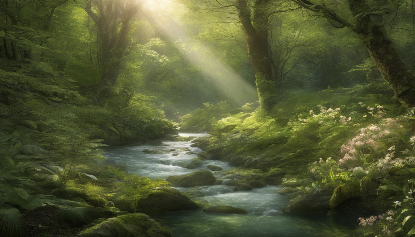 An ethereal forest in spring, soft light, green tinged lighting, gorgeous, has a stream/river
