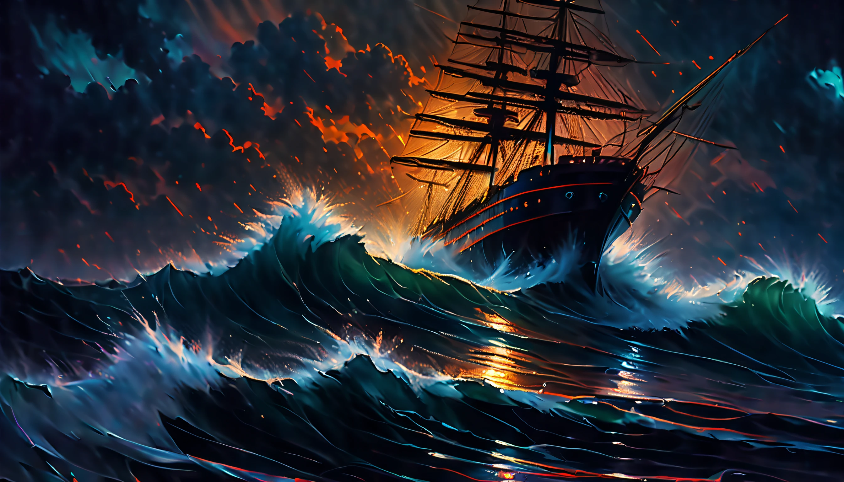 (((digital painting masterpiece that captures the essence of Rainy night:1.3))), intricate insane detail battle ship sea ​​of ​​light with rain, water ripples, crepuscular, dark synth, moves forward without fear of making mistakes, swaying in the wind, face difficulties, captivatingly distorted glitch, dark-themed coating, blooming, it brings to life a fantastical world that is both dark and enchanting, use of various dark styles, along with skillful application of oil paint techniques, (((level of detail in this masterpiece is truly remarkable insane detail:1.3))), extremely incredibly detailed, intricate insane details, (((stunning rough waves illustration:1.3))), (((radiosity rendered in stunning 32k resolution:1.3))), highest quality, highly quality,