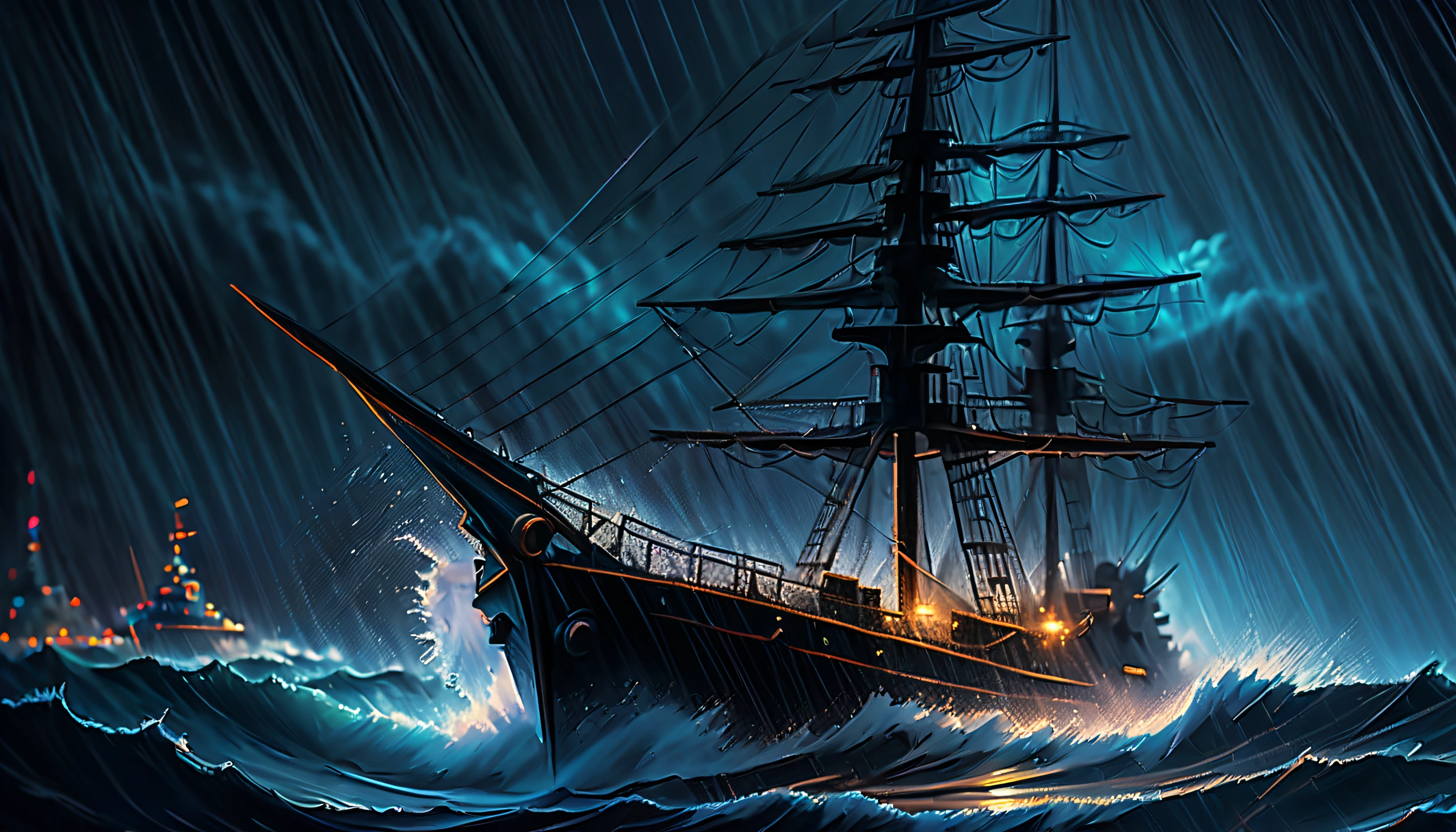 (((digital painting masterpiece that captures the essence of Rainy night:1.3))), (((intricate insane detail battle ship sea with night heavy rain:1.3))), water ripples, dark synth, moves forward without fear of making mistakes, swaying in the wind, face difficulties, captivatingly distorted glitch, dark-themed coating, blooming, it brings to life a fantastical world that is both dark and enchanting, use of various dark styles, along with skillful application of oil paint techniques, (((level of detail in this masterpiece is truly remarkable insane detail:1.3))), extremely incredibly detailed, (((intricate insane details:1.3))), (((stunning rough waves illustration:1.3))), (((radiosity rendered in stunning 32k resolution:1.3))), highest quality, highly quality,