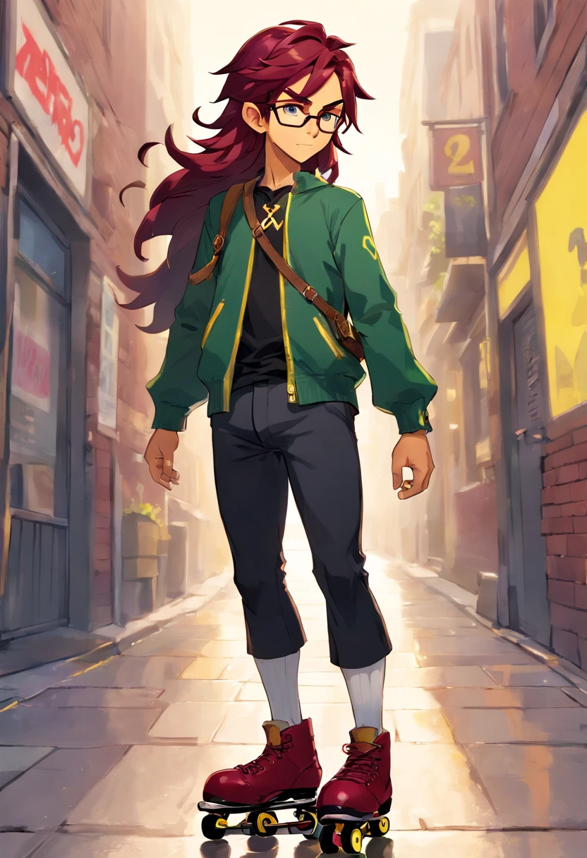 Tall man with tanned skin. Wine red wavy hair with an undercut. Lemon yellow eyes, and wearing aviator glasses. Cyberpunk outfit style and wearing cool roller skates .