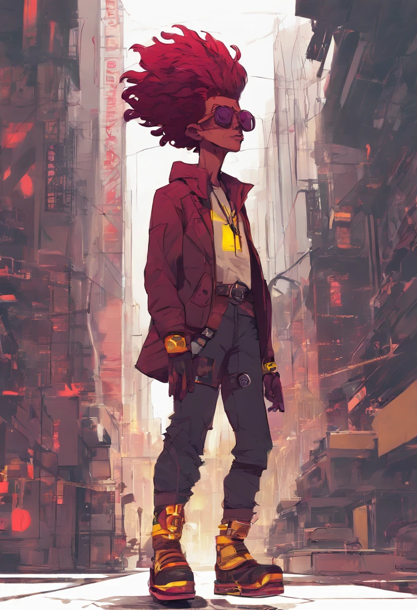 Tall man with tanned skin. Wine red wavy hair with an undercut. Lemon yellow eyes, and wearing aviator glasses. Cyberpunk outfit style and wearing cool roller skates .