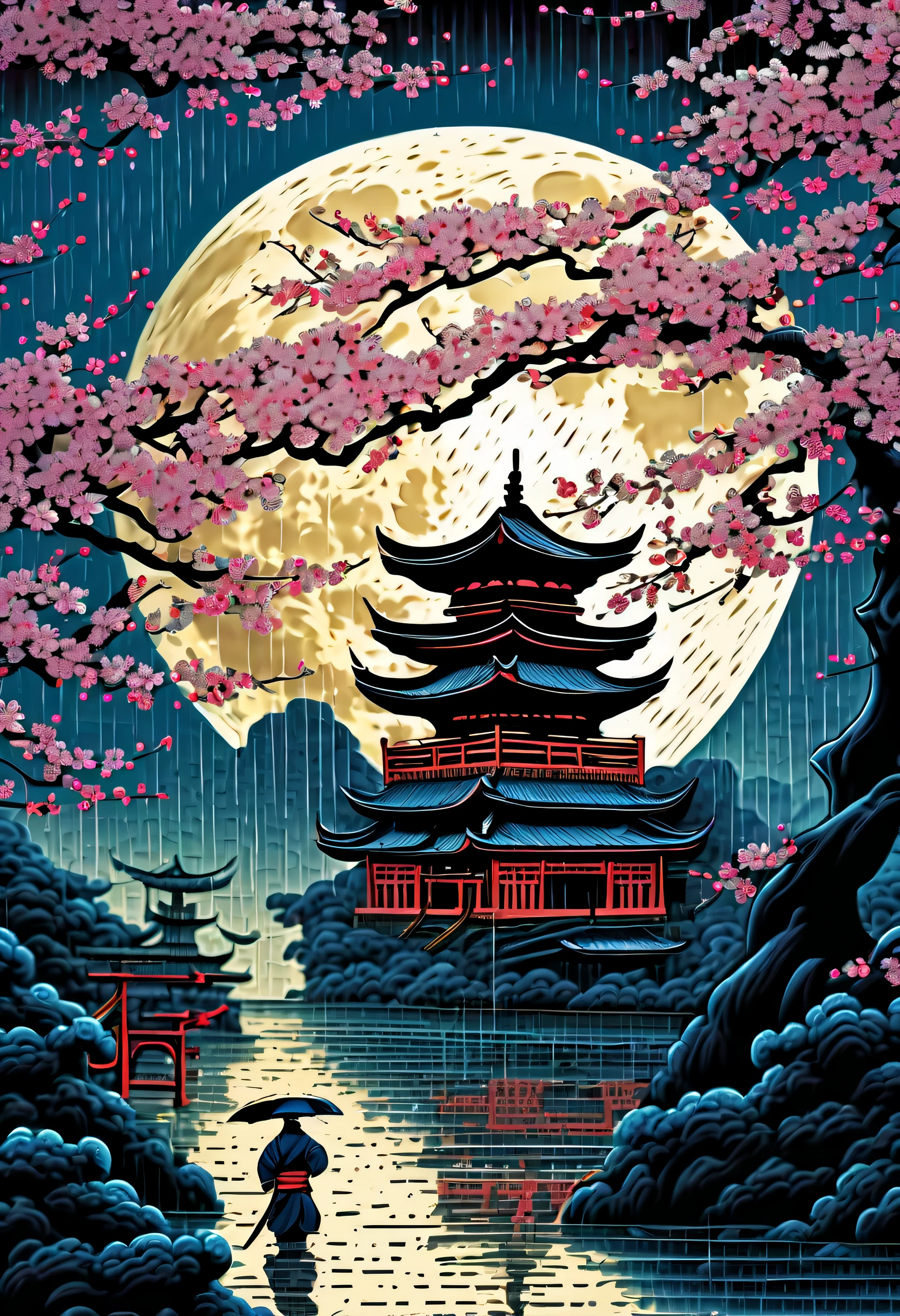 (((hazy moon night:1.5))), (((heavy rain:1.6))), (((battle between ninjas of scene of intricate insane detailed:1.3))), classical japan castle with dark beauty cherry blossoms background intricate detail, lose one's heart, ultimate quality illustration, (intricate insane details texture:1.3), (intricate insane details drawing:1.3), (intricate insane details painting:1.3), (intricate insane details coloring:1.3), (intricate details paint:1.3), (true masterpiece:1.3),