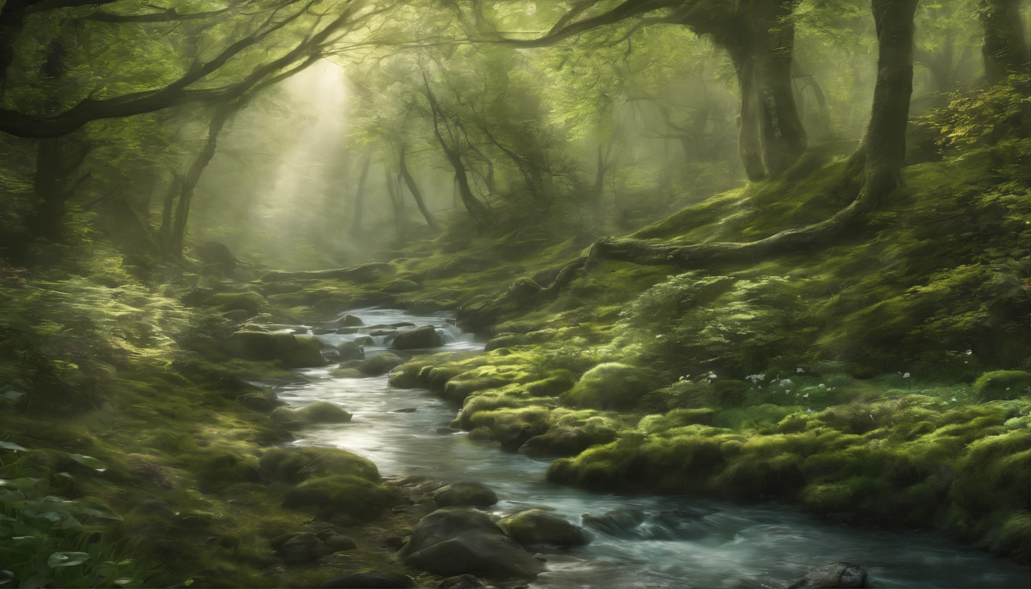 An ethereal forest in spring, soft light, green tinged lighting, gorgeous, has a stream/river