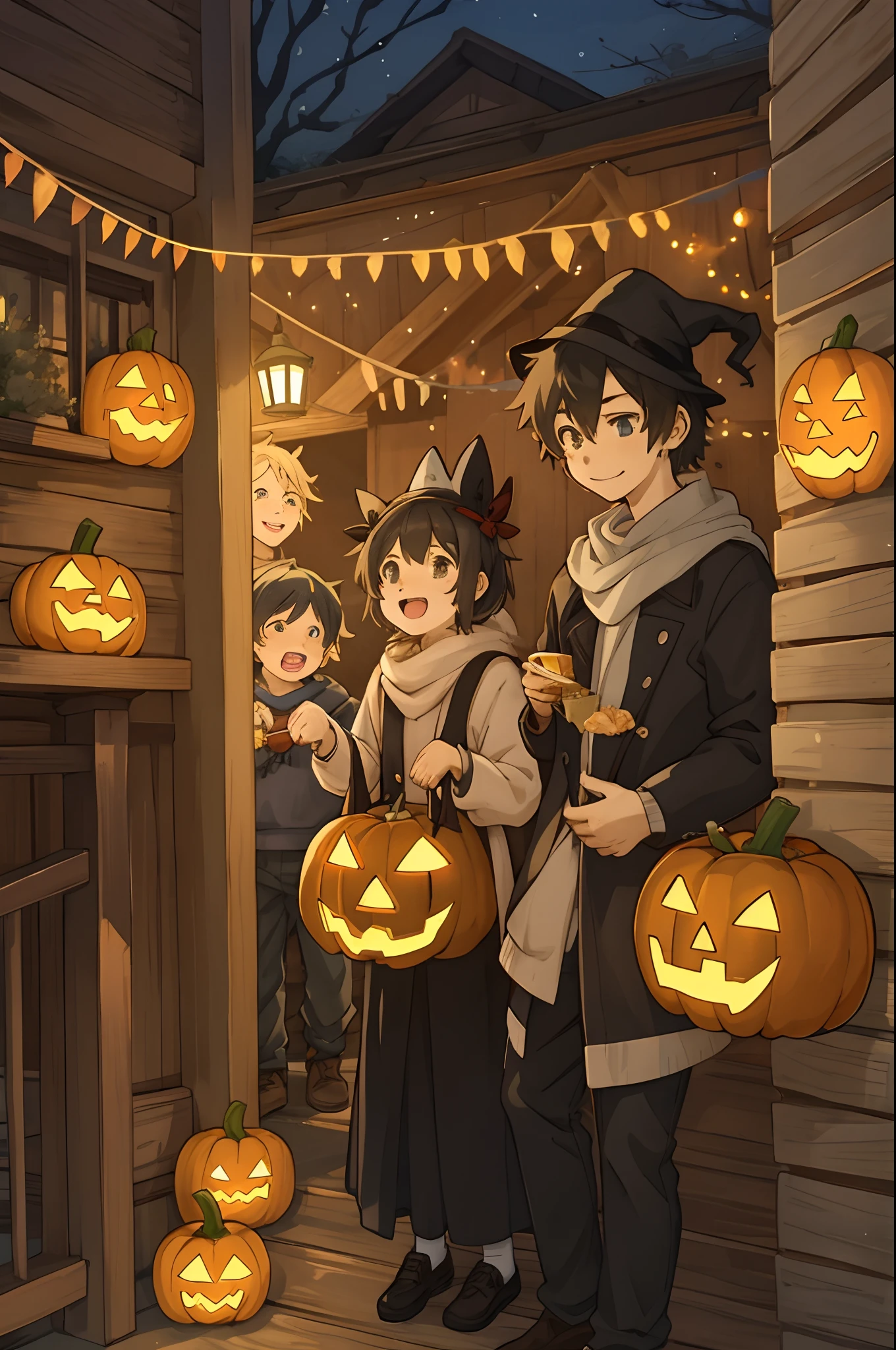 Create a detailed, high-quality fan art cover for a doujinshi based on a slice-of-life anime series, featuring a close-knit family enjoying Halloween together. The scene should depict a festive and joyous atmosphere, with the family members laughing and surrounded by sweets, and the child holding a jack-o’-lantern. The parents are amiably giving out treats to the child. Capture the warmth and happiness of the family moment, with a focus on expressing the characters’ enjoyment of the holiday. The image should be in a vertical format, with vivid colors and a homely, welcoming vibe, suitable for a fan-created work that could be shared on platforms like Pixiv or Twitter,