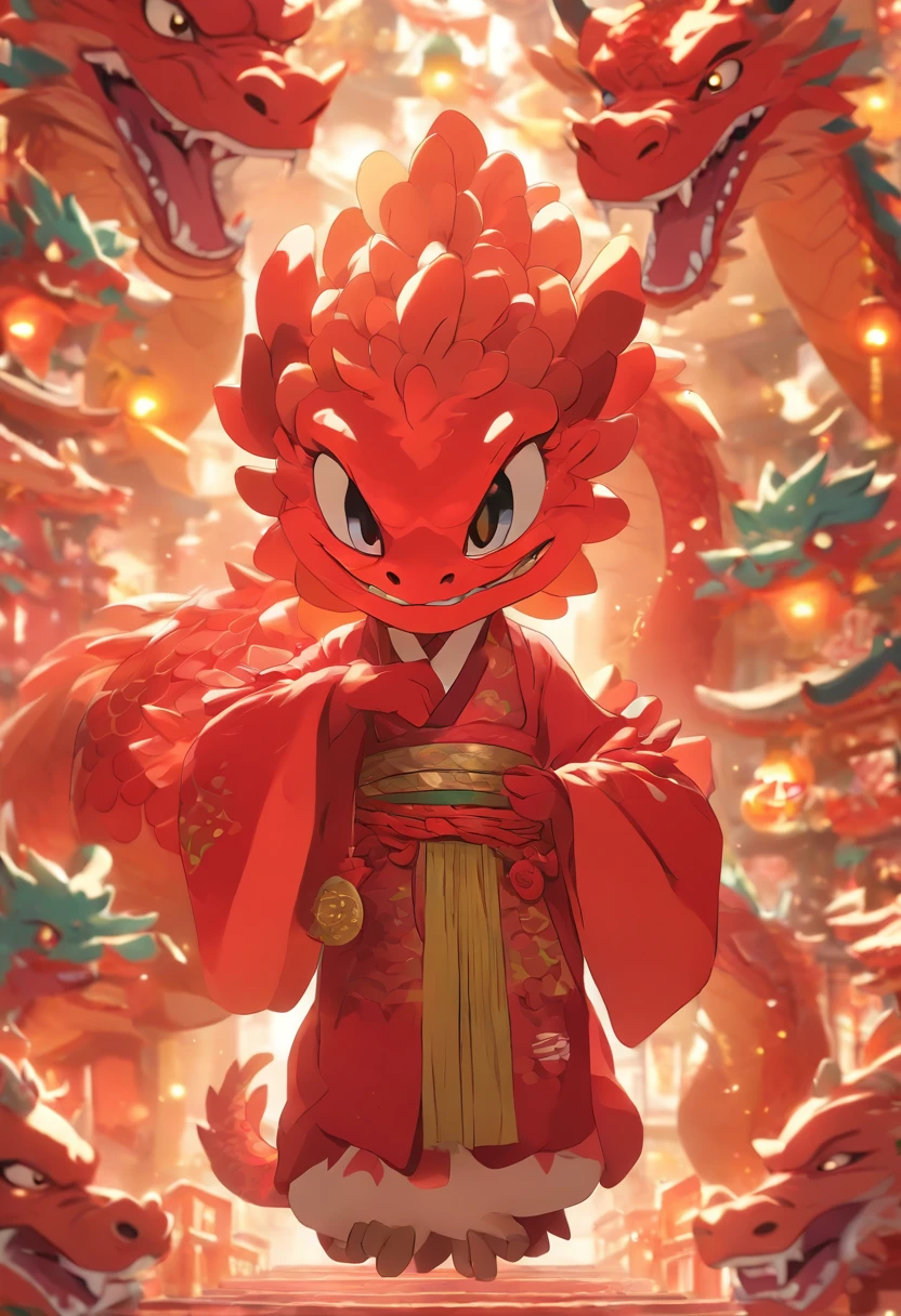 highly details, hyper-detailing,8k, 超高分辨率 ,illustration,Cute stuffed dragon,Colorful cartoon characters,Cute dragons,Festive background,Colorful cartoon characters,Chinese red costume,Light,Red vibe,Action Wishing you prosperity,