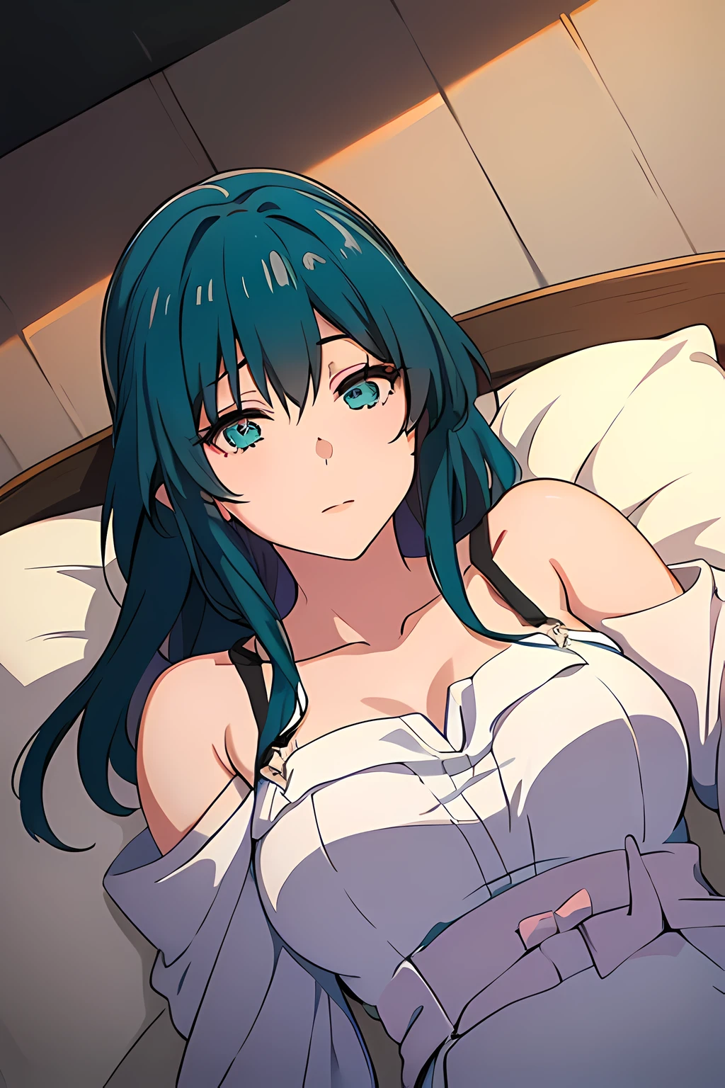 (1girl in),(beautiful eyes finely detailed, Face to detail, teal hair, long hair), kimono wedding dress, lying down her back in bed, and shy facial expression, looking at viewers, camera angle from front, full body, masterpiece sidelighting, ​masterpiece, top-quality, detailed, High resolution illustration