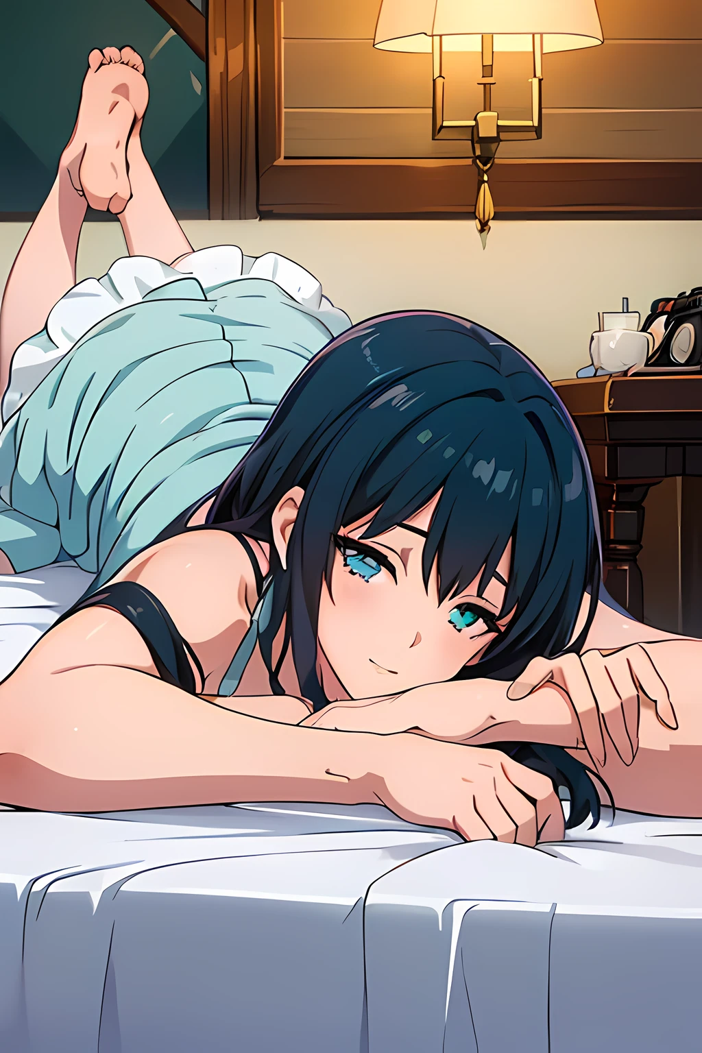 (1girl in),(beautiful eyes finely detailed, Face to detail, teal hair, long hair), kimono wedding dress, lying down her back in bed, and shy facial expression, looking at viewers, camera angle from front, full body, masterpiece sidelighting, ​masterpiece, top-quality, detailed, High resolution illustration