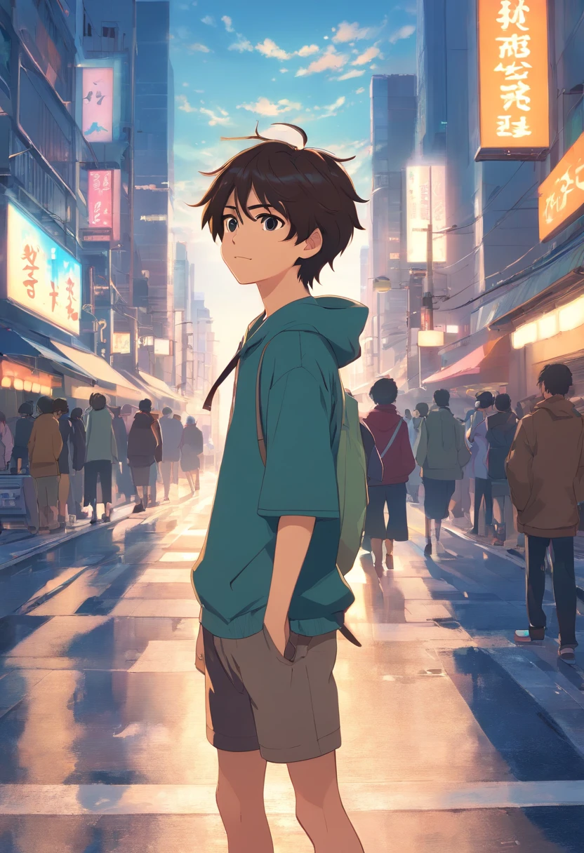 A boy, transformed into an anime style, with exaggerated unique facial features and clothing, standing on a bustling city street, backlit background highlighting the subject, high-contrast colors, 4K high-definition quality,young, smiling, handsome