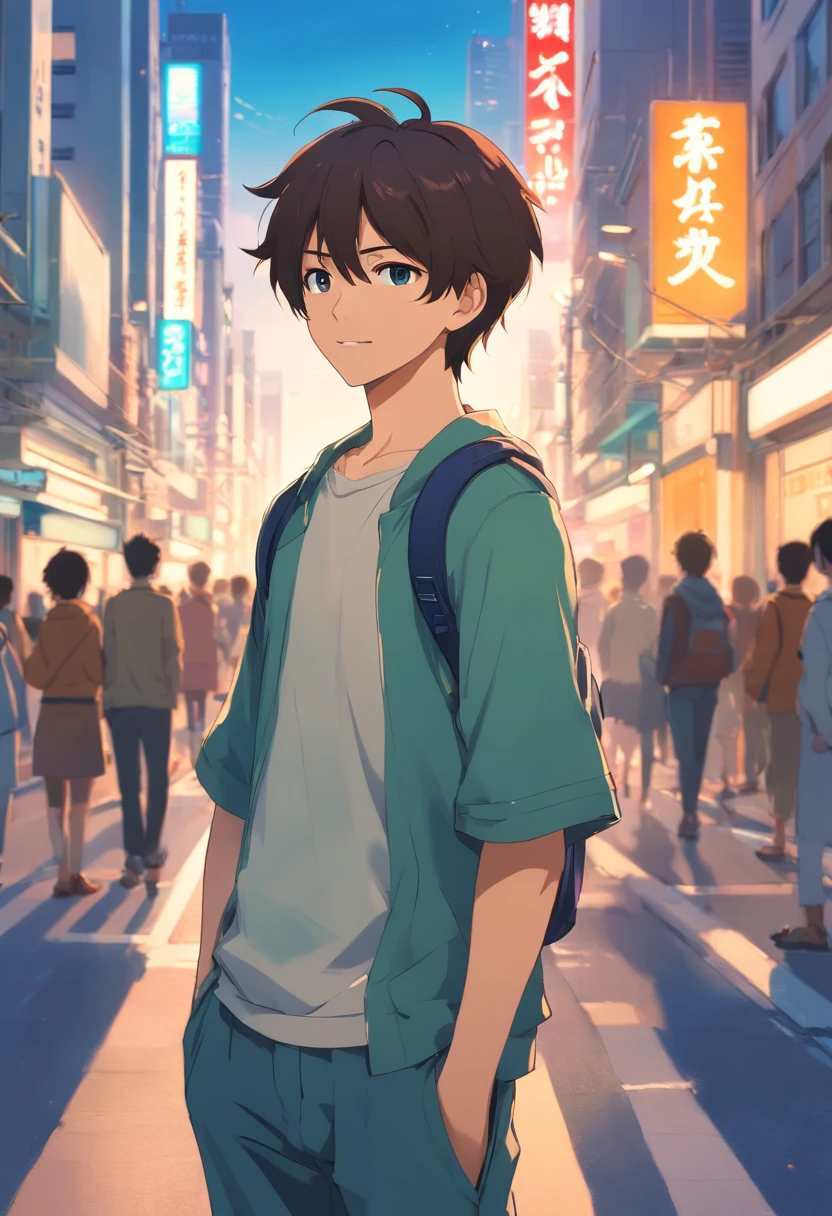 A boy, transformed into an anime style, with exaggerated unique facial features and clothing, standing on a bustling city street, backlit background highlighting the subject, high-contrast colors, 4K high-definition quality，young, smiling, handsome