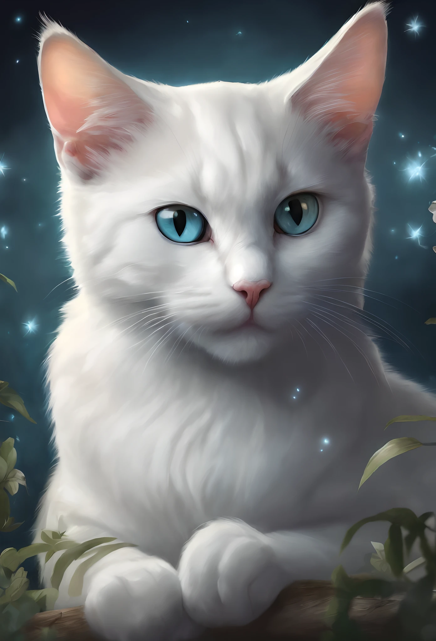 Painting of a blue-eyed white cat sitting on a tree branch, warrior cats fan art, realistic anime cat, lovely digital painting, White cat, cat. Digital painting, beautiful white glowing eyes, Cute detailed digital art, warrior cats, Realistic fantasy illustration, white glowing eyes, cat portrait, furry fantasy art, graphic artist magali villeneuve, cat detailed