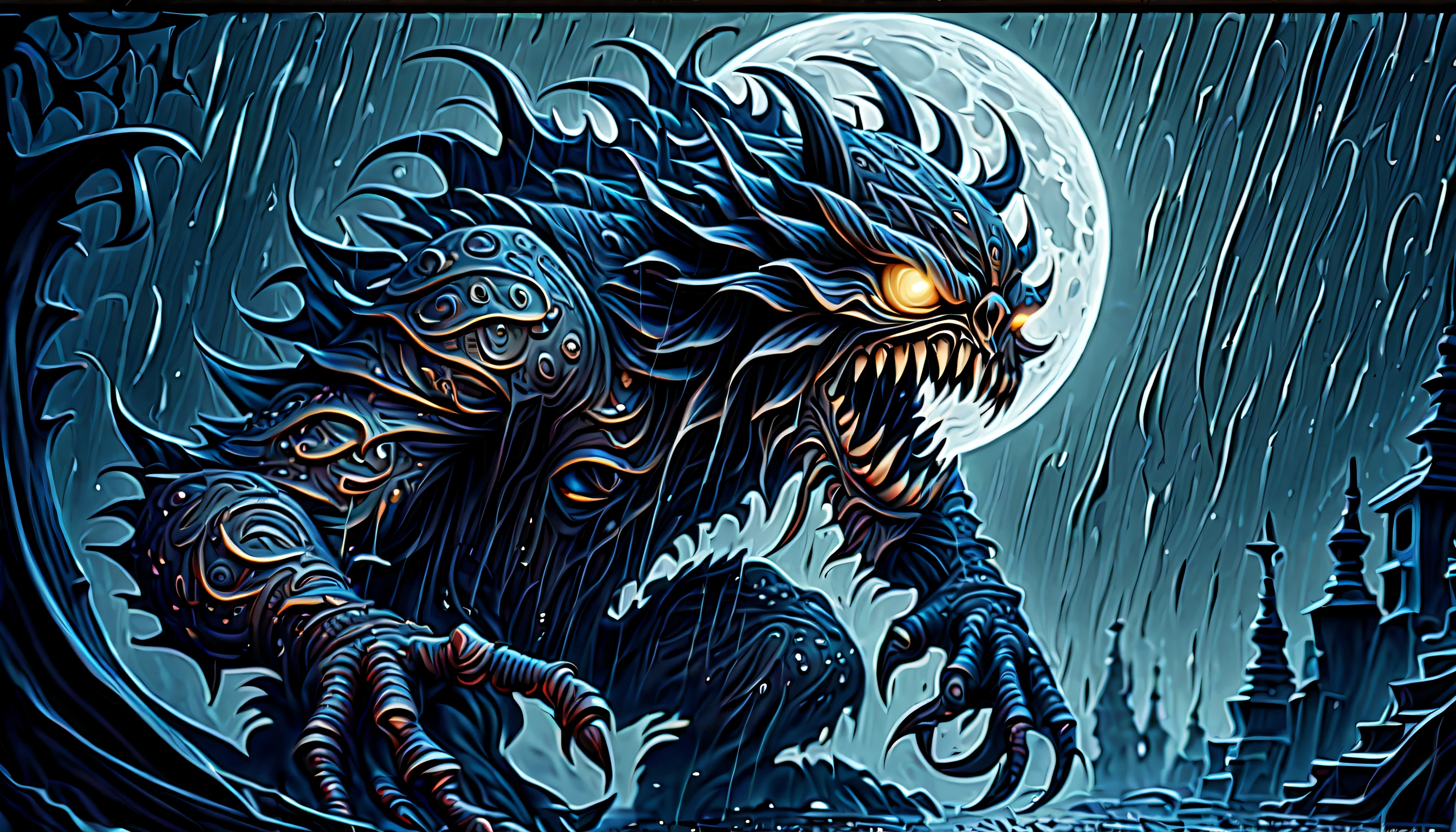 (((hazy moon night:1.5))), (((heavy rain:1.6))), (((dark fantasy boss monster creature grim nightmare of scene of intricate insane detailed:1.3))), (((intricate details:1.3))), (((ultimate quality of marker illustration:1.3))), (((fear wish:1.4))), (intricate insane details texture:1.3), (intricate insane details drawing:1.3), (intricate insane details painting:1.3), (intricate insane details coloring:1.3), (intricate details paint:1.3), (true masterpiece:1.3), (((perfection:1.1))), (((hyper real:1.1))), ultra quality, cinematic still, (conceptual contrast:1.2), natural lighting, (((all captured in sharp focus:1.2))), (((rendered in stunning 32k resolution:1.3))),