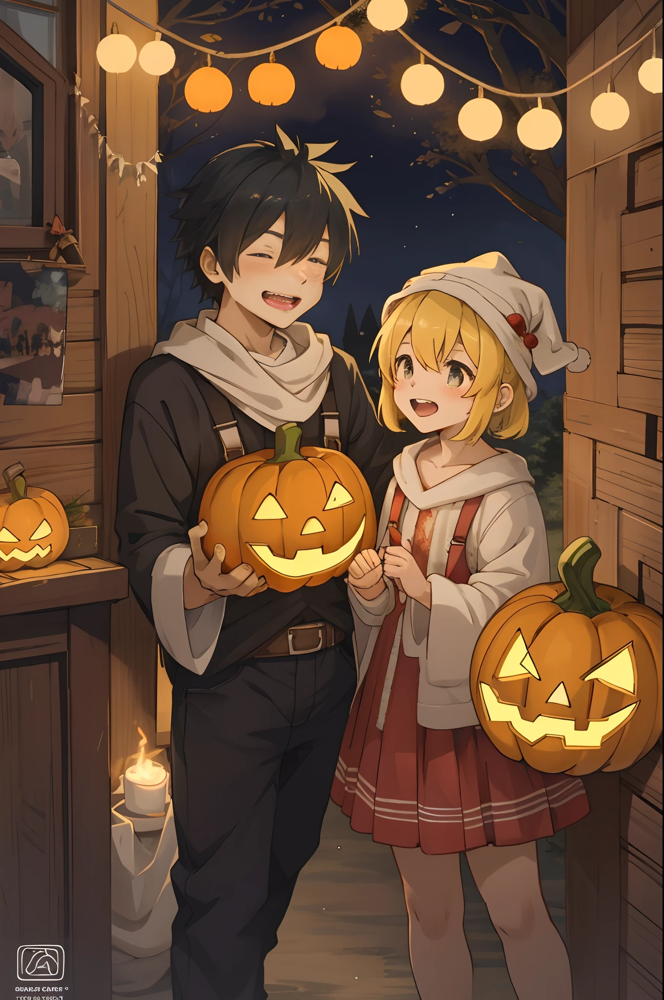 Create a detailed, high-quality fan art cover for a doujinshi based on a slice-of-life anime series, featuring a close-knit family enjoying Halloween together. The scene should depict a festive and joyous atmosphere, with the family members laughing and surrounded by sweets, and the child holding a jack-o’-lantern. The parents are amiably giving out treats to the child. Capture the warmth and happiness of the family moment, with a focus on expressing the characters’ enjoyment of the holiday. The image should be in a vertical format, with vivid colors and a homely, welcoming vibe, suitable for a fan-created work that could be shared on platforms like Pixiv or Twitter,