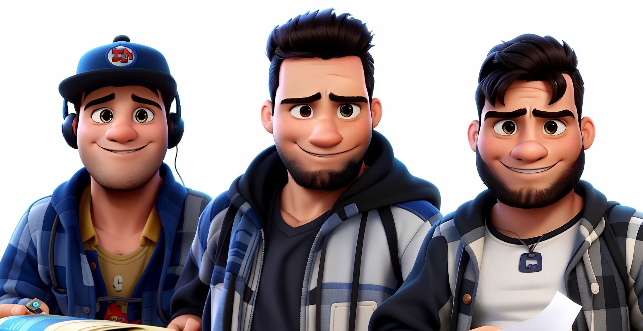Three Men Disney Pixar style, alta qualidade, melhor qualidade, pano de fundo biblioteca