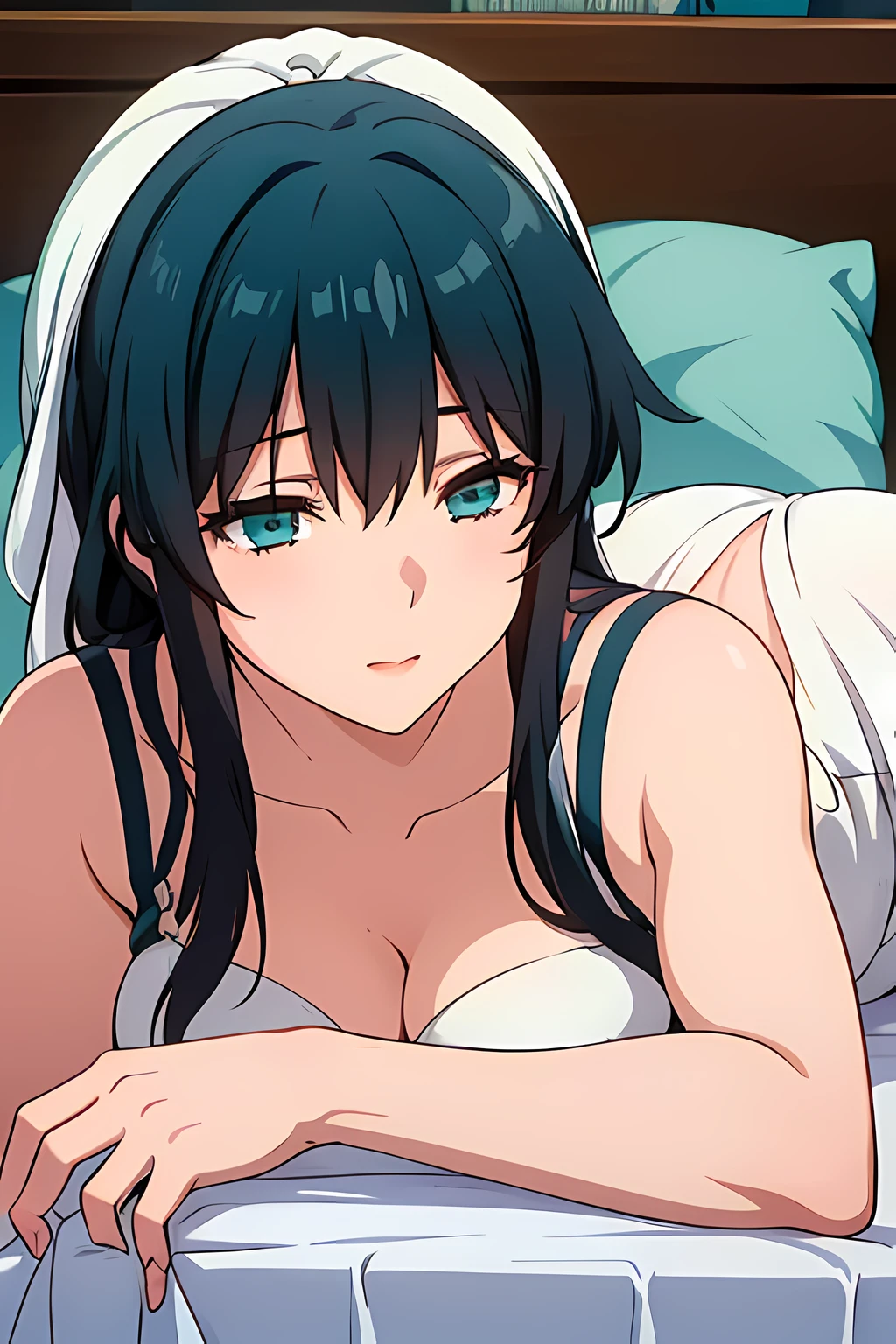 (1girl in),(beautiful eyes finely detailed, Face to detail, teal hair, long hair), kimono wedding dress, lying down her back in bed, and shy facial expression, looking at viewers, camera angle from front, full body, masterpiece sidelighting, masterpiece, top-quality, detailed, High resolution illustration