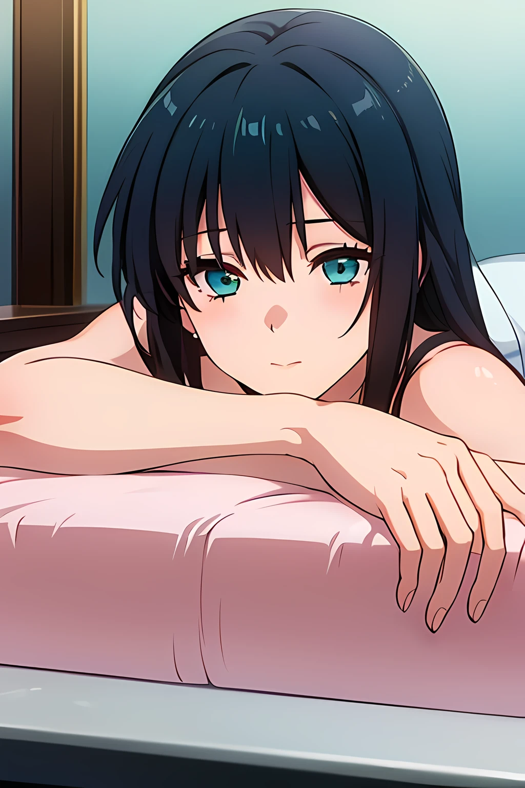 (1girl in),(beautiful eyes finely detailed, Face to detail, teal hair, long hair), kimono wedding dress, lying down her back in bed, and shy facial expression, looking at viewers, camera angle from front, full body, masterpiece sidelighting, ​masterpiece, top-quality, detailed, High resolution illustration