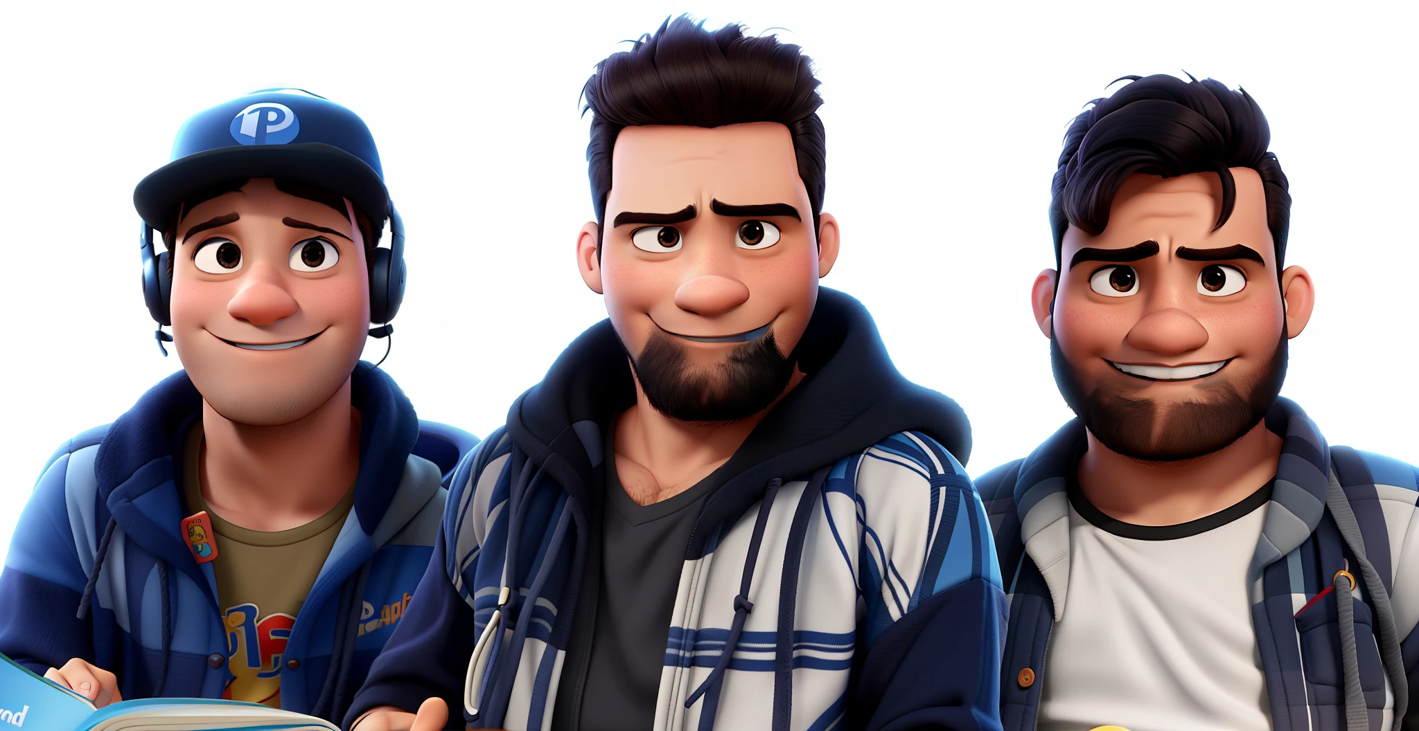 Three Men Disney Pixar style, alta qualidade, melhor qualidade, pano de fundo biblioteca