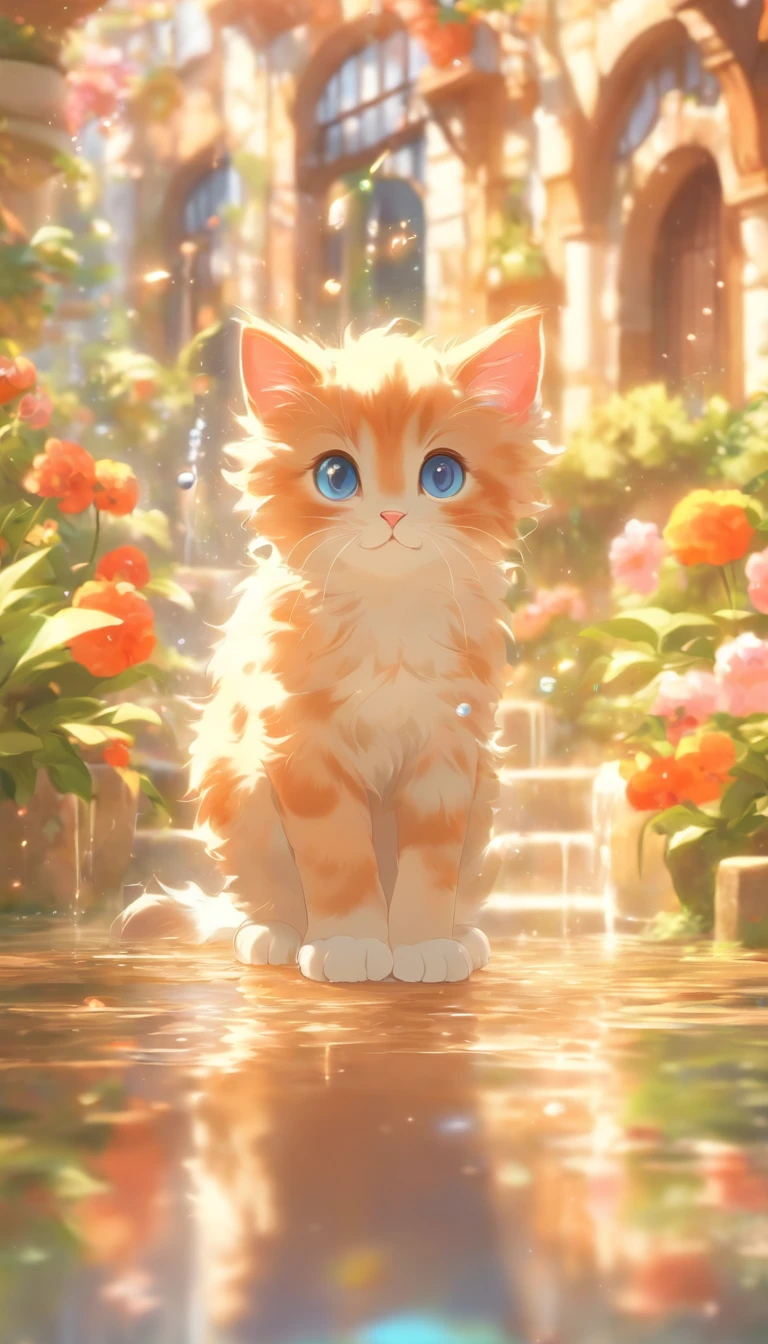 a round-eyed cute kitten, Garden fountain, , Distant houses, mirror effect