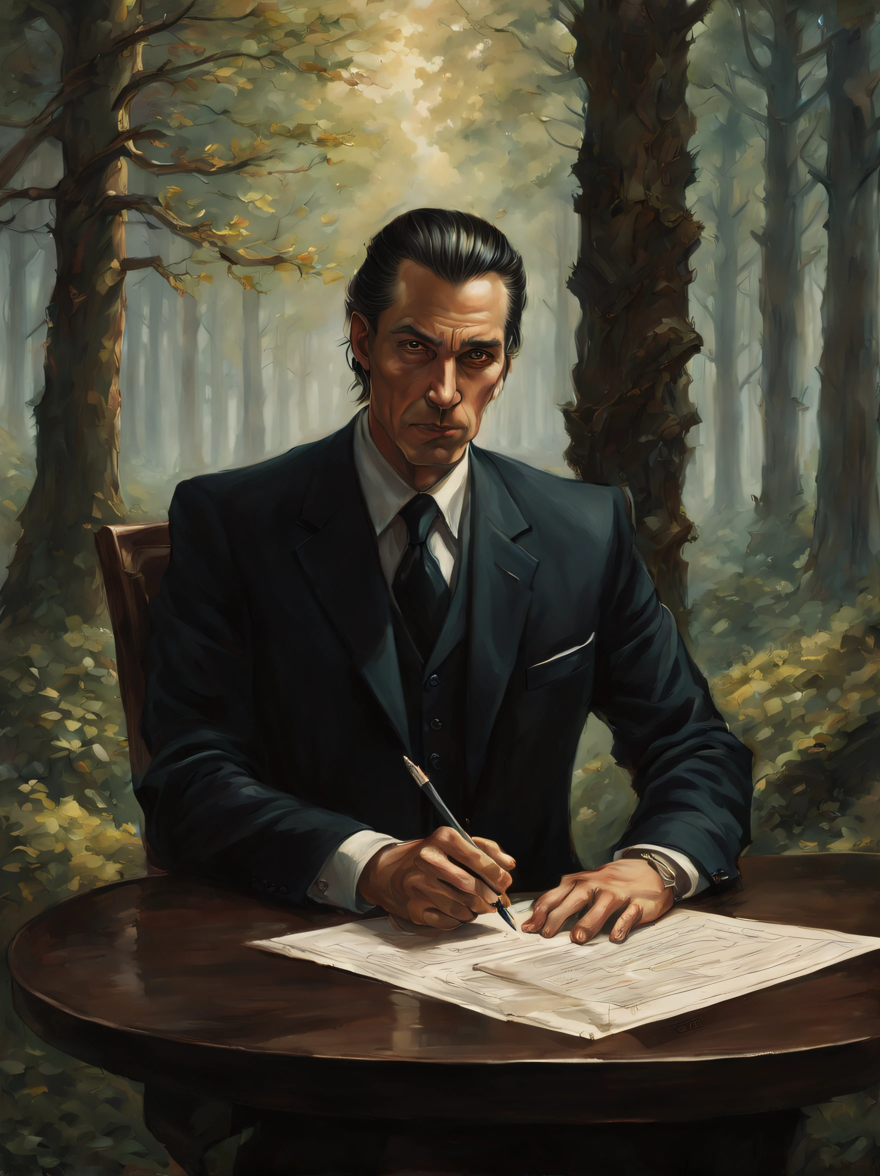 Fantasy dungeons and dragons artwork depicting a man wearing a sleek black tailored suit, his hair is greasy and slicked back, age in his 40s, demeaning expression, confident pose, chisled features, sharp jaw and cheek bones, hands crossed, signing a document up against a tree in the middle of a forest, in the style of fantasy renaissance painting portrait