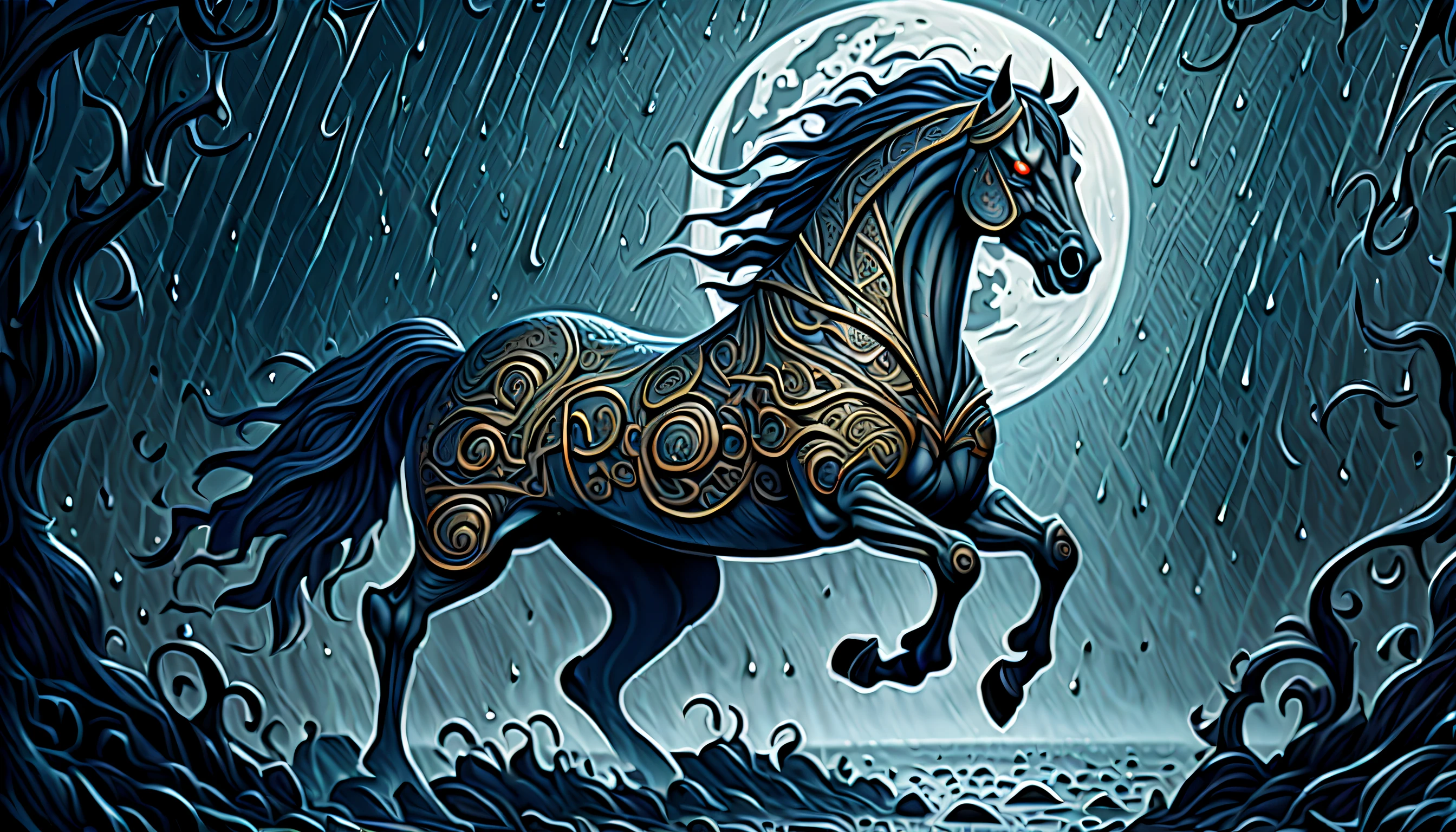 (((hazy moon night:1.5))), (((heavy rain:1.6))), (((dark fantasy boss monster creature grim nightmare horse of intricate insane detailed:1.3))), (((intricate details:1.3))), (((ultimate quality of marker illustration:1.3))), (((fear wish:1.4))), (intricate insane details texture:1.3), (intricate insane details drawing:1.3), (intricate insane details painting:1.3), (intricate insane details coloring:1.3), (intricate details paint:1.3), (true masterpiece:1.3), (((perfection:1.1))), (((hyper real:1.1))), ultra quality, cinematic still, (conceptual contrast:1.2), natural lighting, (((all captured in sharp focus:1.2))), (((rendered in stunning 32k resolution:1.3))),
