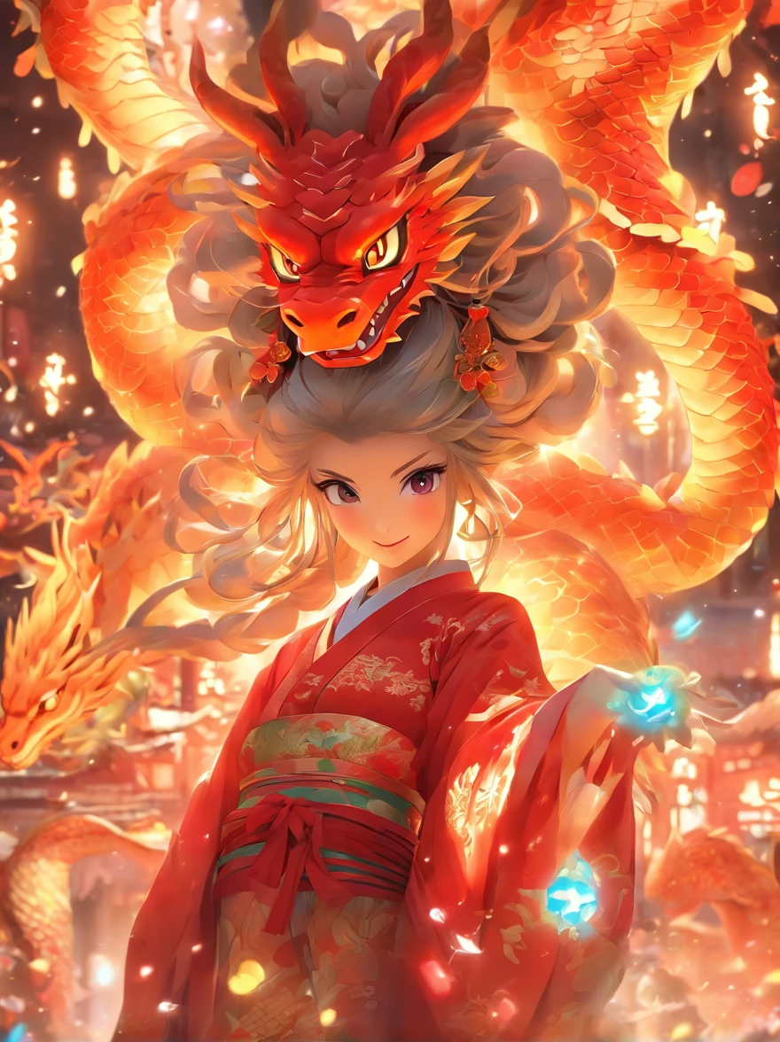 highly details, hyper-detailing,8k, 超高分辨率 ,illustration,Cute dragon girl,Colorful cartoon characters,Cute dragons,Festive background,Colorful cartoon characters,Chinese red costume,Light,Red vibe,Action Wishing you prosperity,