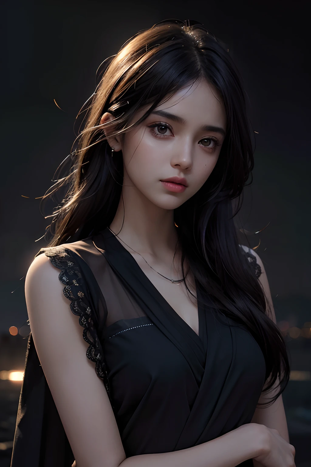 masterpiece, photorealistic:1.4 , bright face, glowing skin, best quality, ultra high resolution, front view, raw photo, 1girl, indian girl face, black saree dress, perfect face, in the dark, deep shadow, Cold light, , looking at the viewer, volumetric light, foggy background, backlit hair, photorealistic, photograph, masterpiece, realistic, realism, photorealism, high contrast,