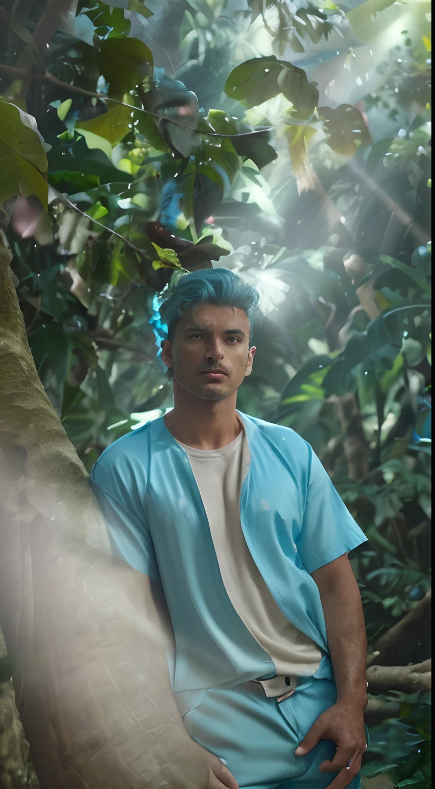a man in a $3000 pastel blue suit in a jungle paradise, RAW, 8K, UHD, candid, amateur, close up, ((thinking he made a big mistake))