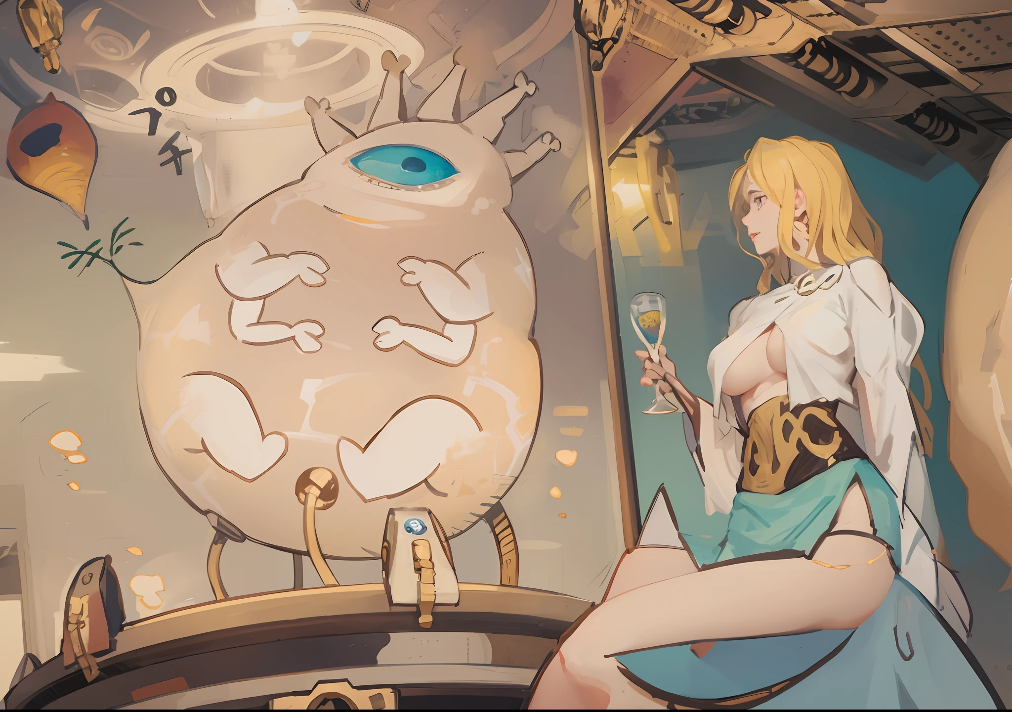 Imagen de una mujer mirando un contenedor de cristal que contiene un monstruo, copa en la mano, laboratorio.