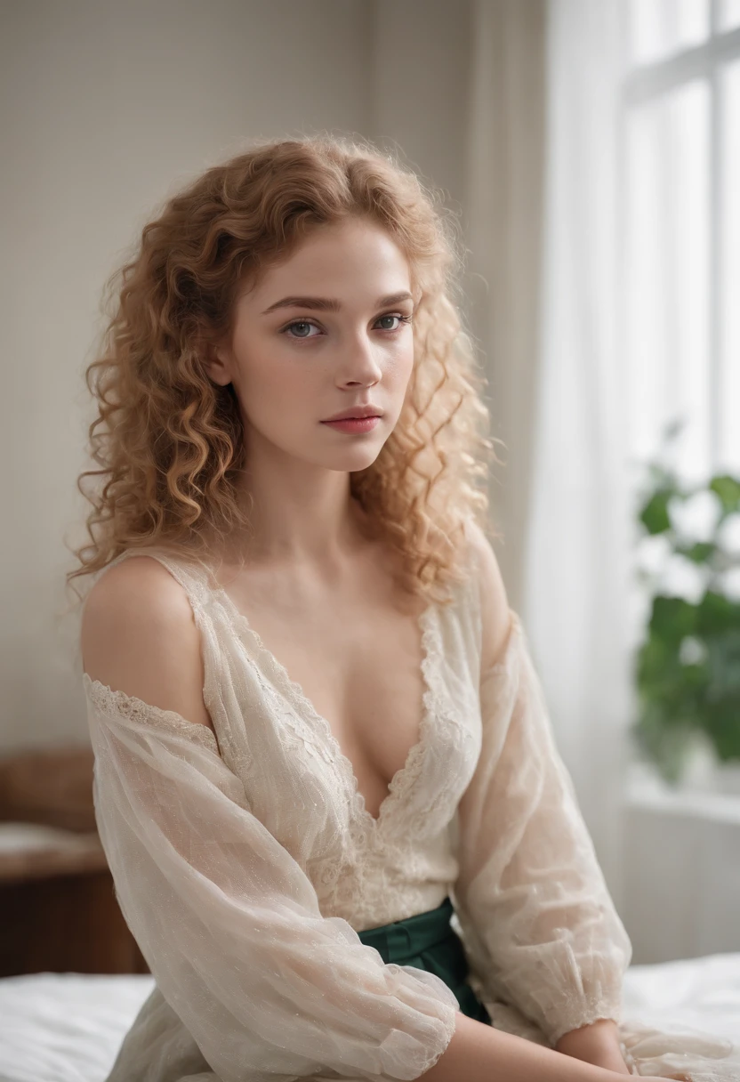 Full body portrait of a charming 18 year old women with curly hay coloured hair, a late 80s look, small freckles, petite figure, beautiful face, captivating dark green eyes, and modest bust size, showcasing her natural beauty, posing in a bedroom, photorealistic, real life, nude.