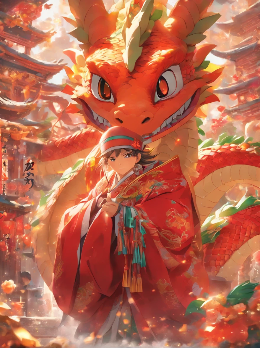 highly details, hyper-detailing,8k， 超高分辨率 ，KIDS ILLUSTRATION，Cute stuffed dragon，Colorful cartoon characters，Cute dragons，Festive background，Colorful cartoon characters，Chinese red costume，Light，Red vibe，Action Wishing you prosperity，