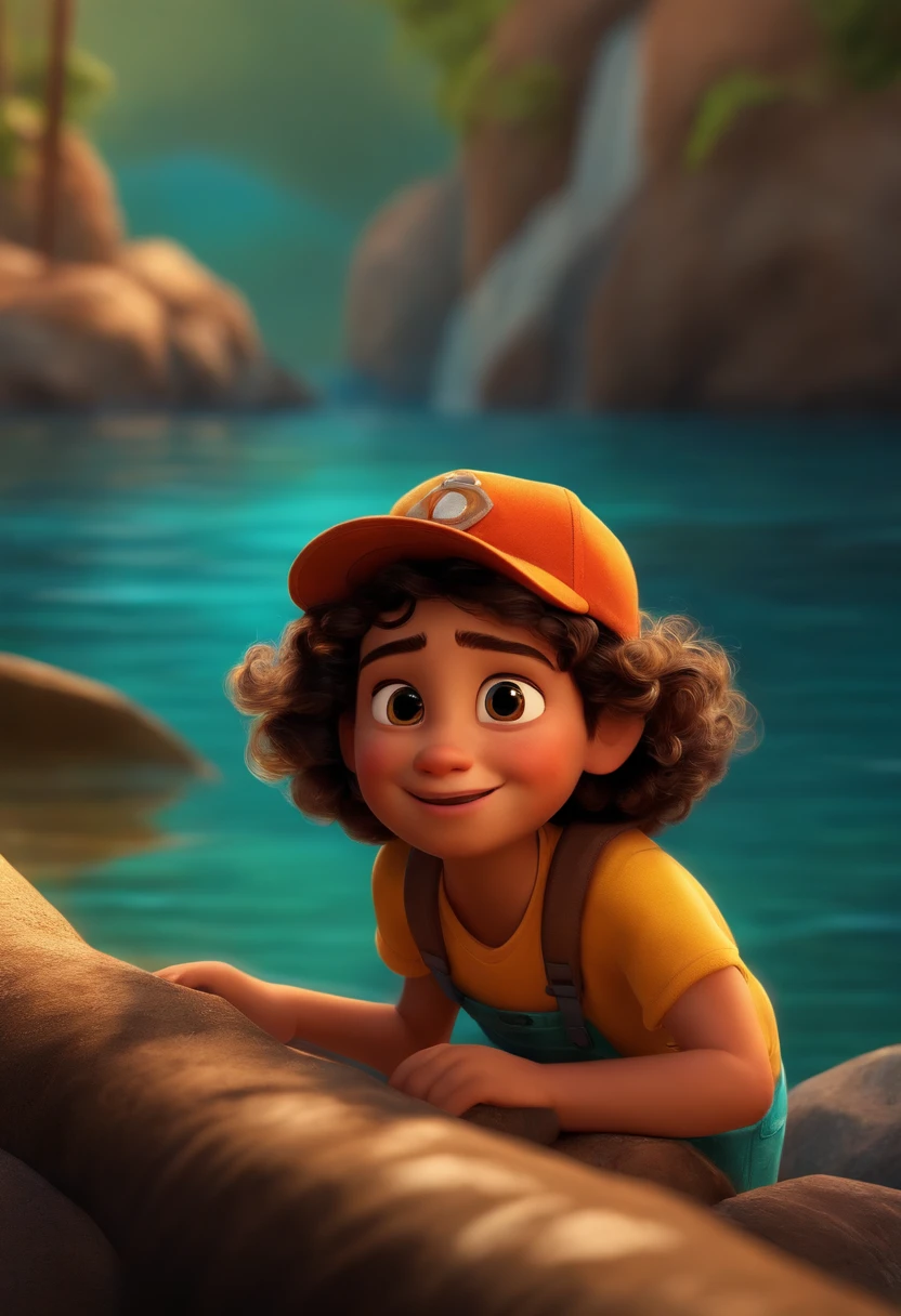 Um filme inspirado na Disney Pixar ( jovem, pescando a beira do rio) dentro A cena estar na arte distinta do estilo PIXAR, descolada e estilosa
