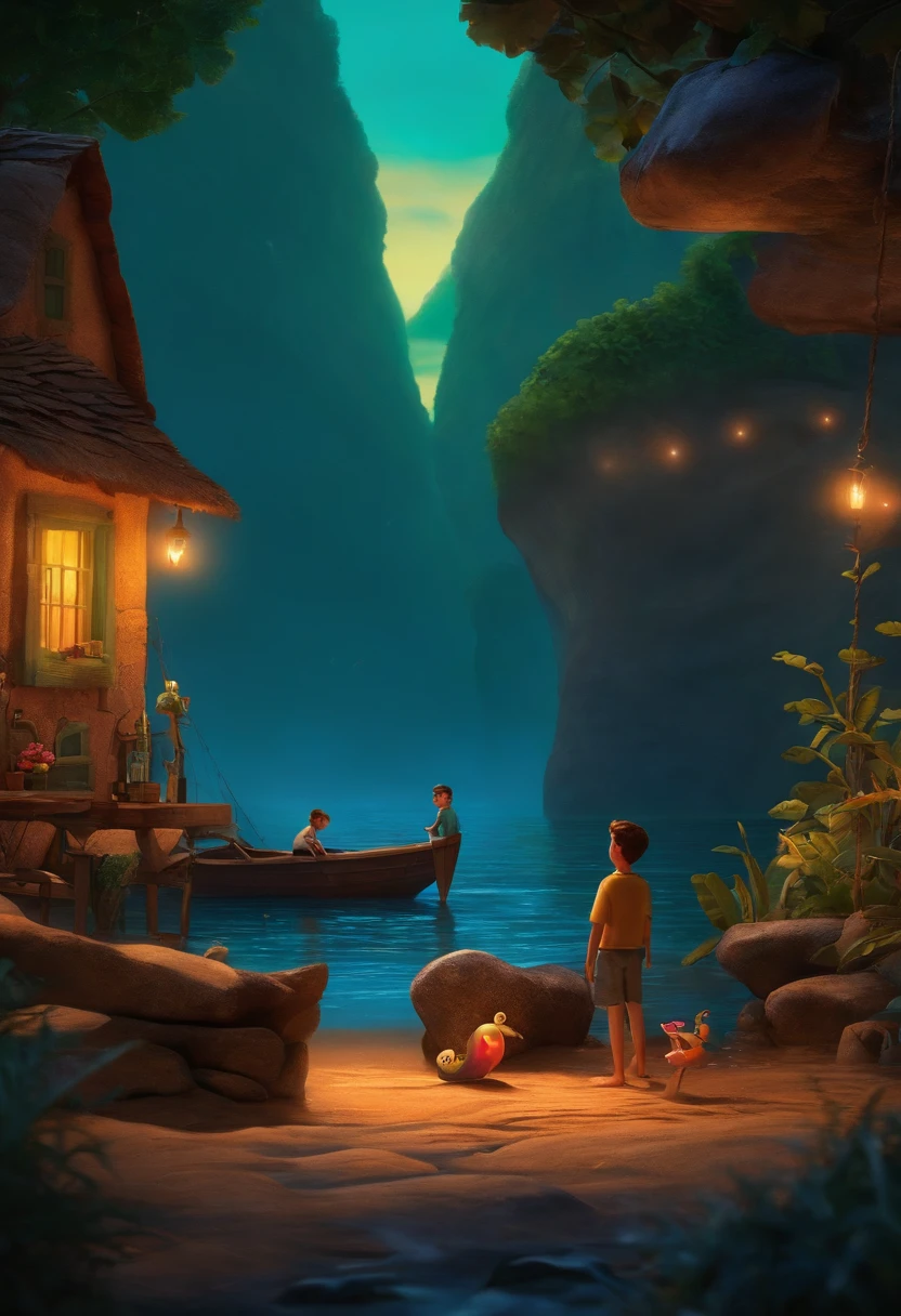 Um filme inspirado na Disney Pixar ( jovem, pescando a beira do rio) dentro A cena estar na arte distinta do estilo PIXAR, descolada e estilosa